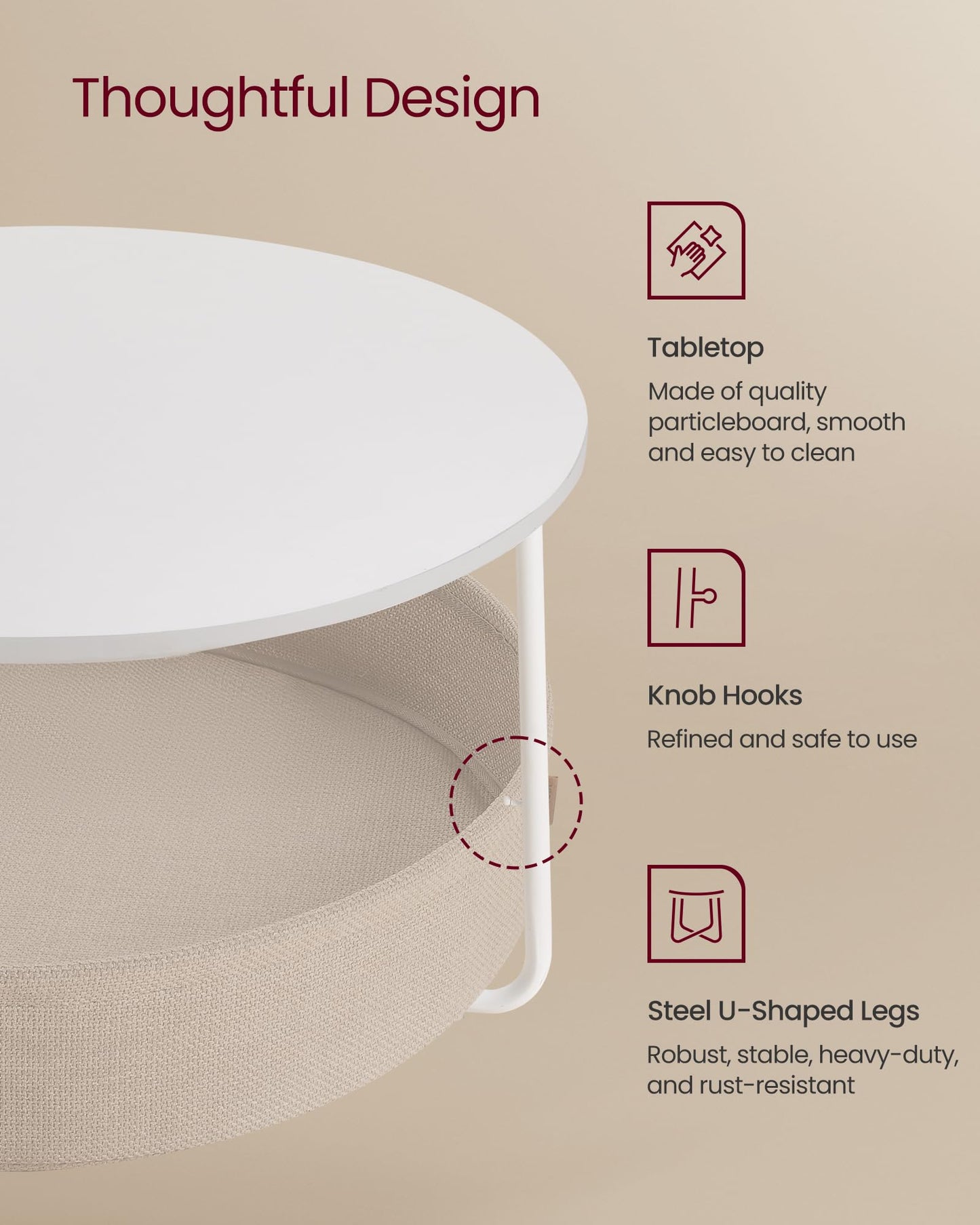 VASAGLE Coffee Table with Storage, Round Center Table for Living Room with Fabric Basket, Modern Style, Metal Frame, Ink Black and Slate Gray ULCT244B56