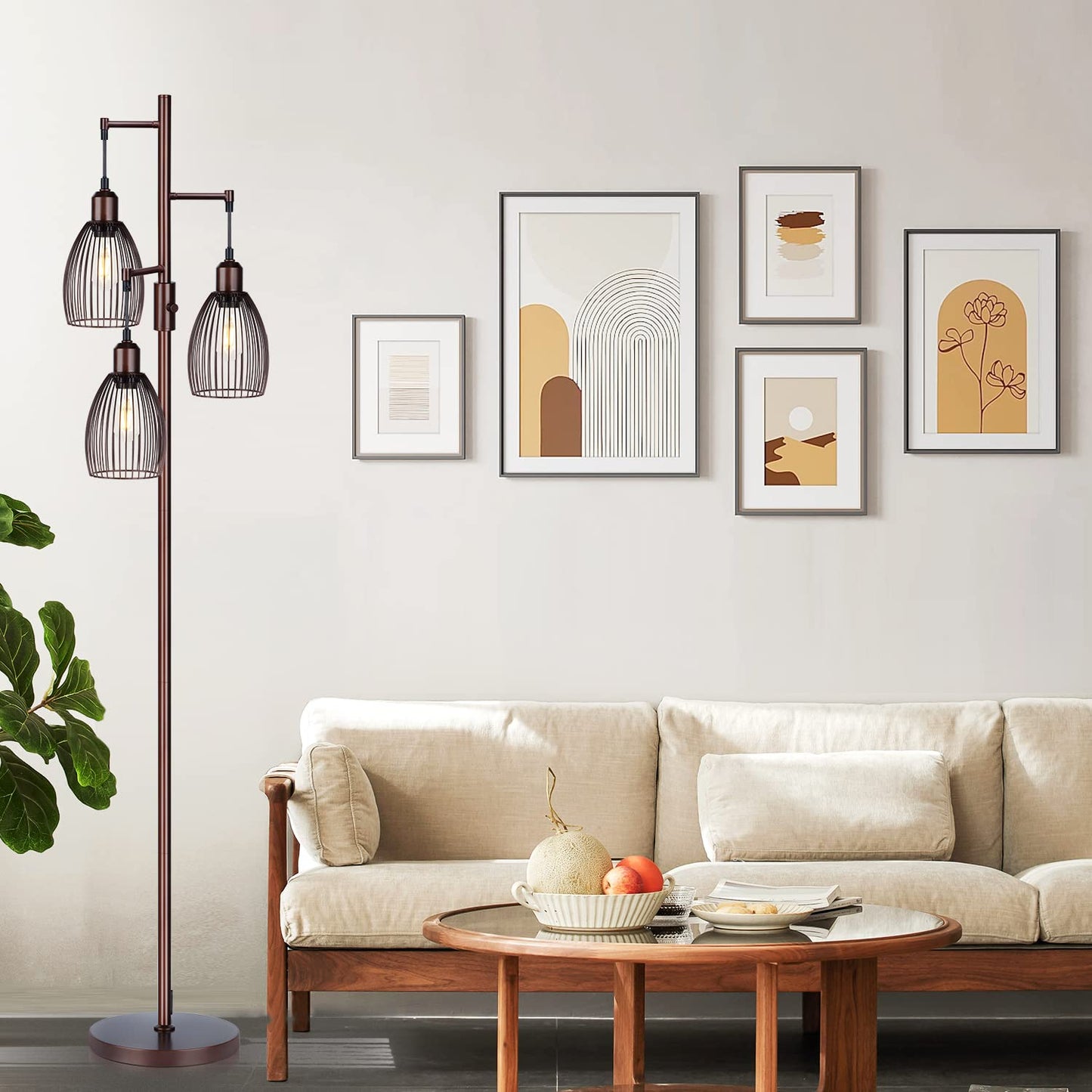 Dimmable Industrial Floor Lamps for Living Room, Gold Tree Standing Tall Lamps with 3 Elegant Teardrop Cage Head & 800 Lumens LED Bulbs