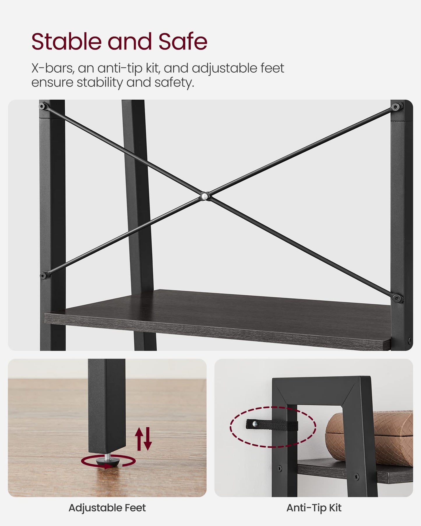 VASAGLE Ladder Shelf, 5-Tier Bookshelf, Storage Rack, Bookcase with Steel Frame, for Living Room, Home Office