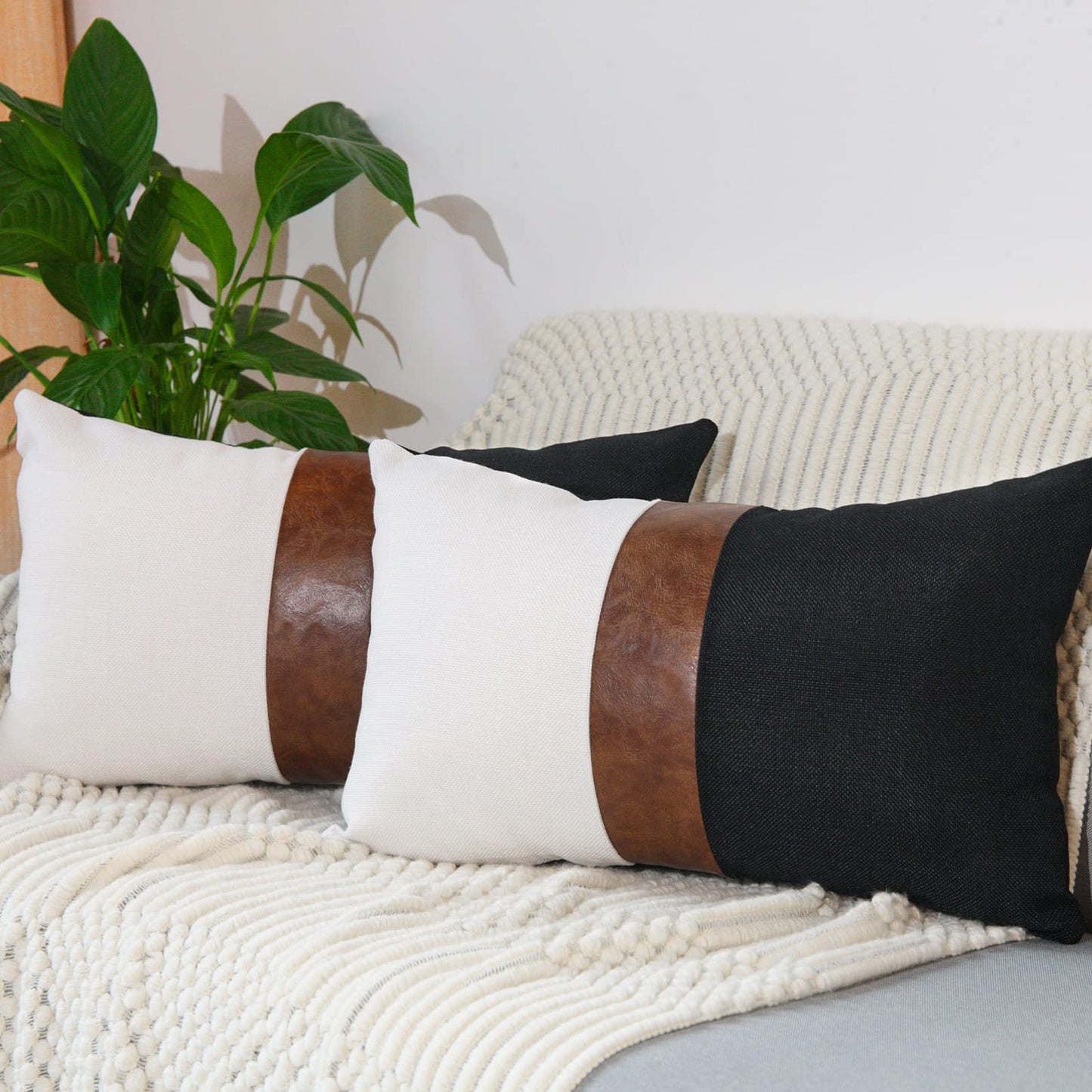 cygnus Set of 2 Faux Leather and Linen Throw Pillow Covers 18x18 Inch Black and White Modern Decorative Accent Cover