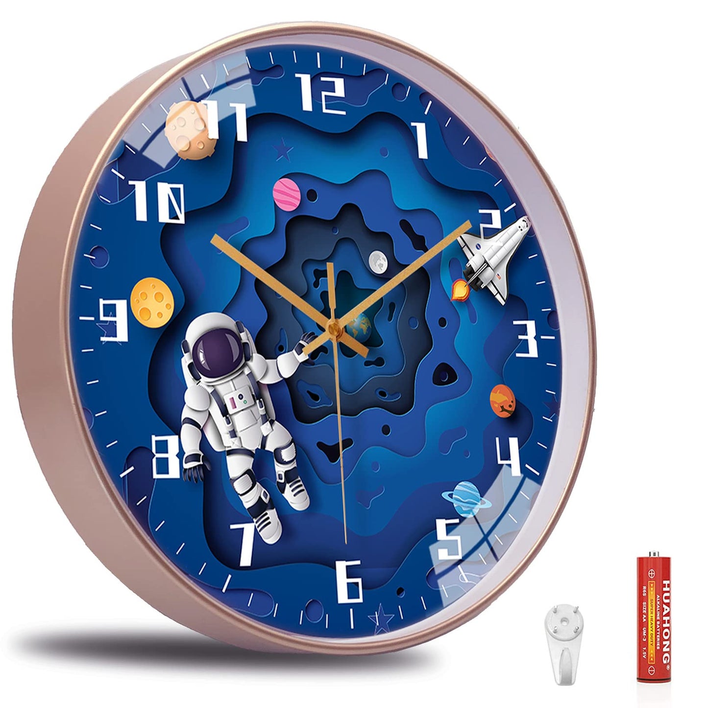12 Inch Silent Movement Kids Wall Clock, Non Ticking Children Round Wall Clock Battery Operated Space Travel Style Decor Children Clock for School Boys Bedroom Living Room Space Decor (Blue)