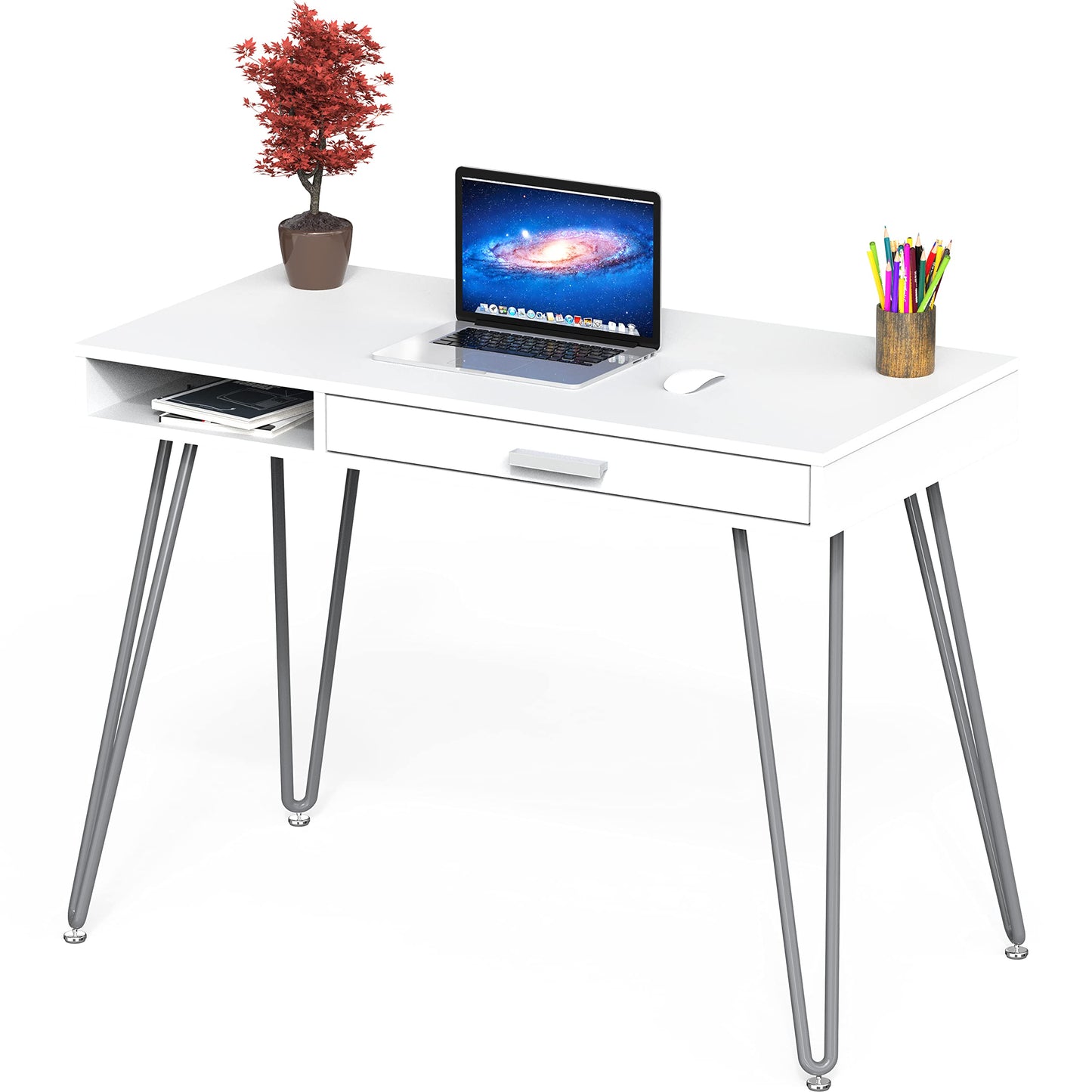SHW Home Office Computer Hairpin Leg Desk with Drawer, Rustic Brown