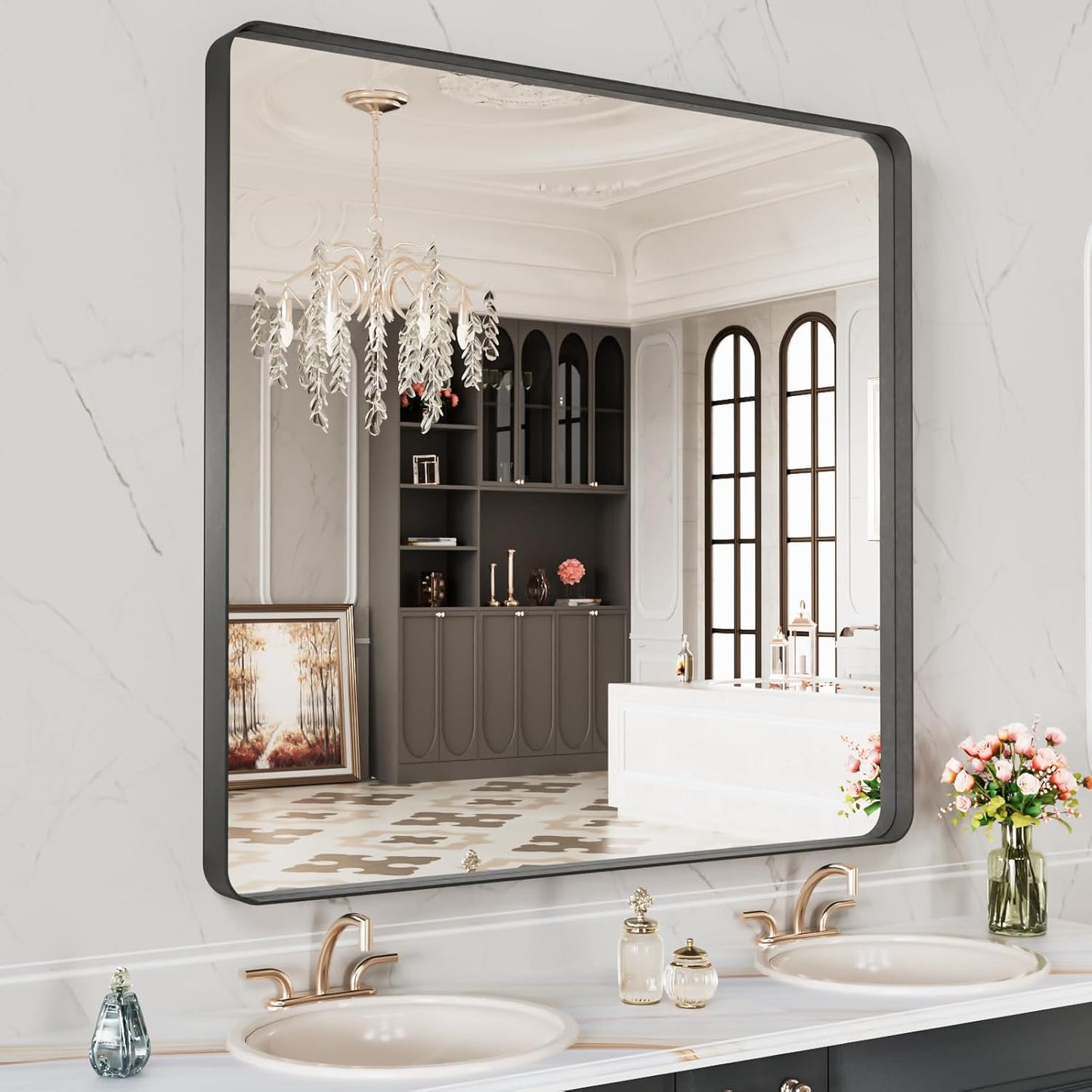 LOAAO Black Metal Framed Bathroom Mirror for Wall, 24X36 Inch Rounded Rectangle Mirror, Matte Black Bathroom Vanity Mirror Farmhouse, Anti-Rust, Hangs Horizontally or Vertically