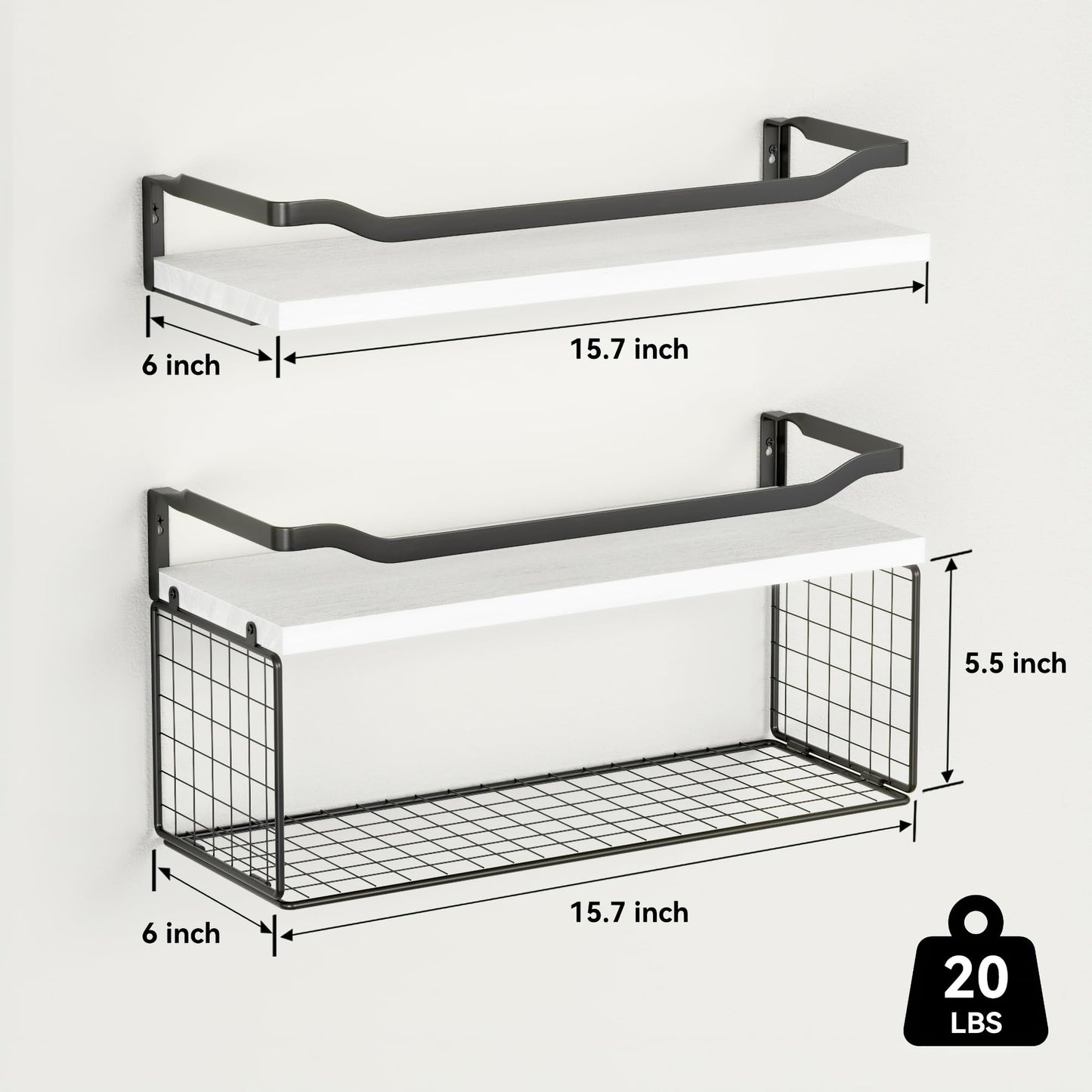 Floating Shelves with Wire Storage Basket, Bathroom Shelves Over Toilet with Protective Metal Guardrail, Wood Wall Shelves for Bathroom, Bedroom, Living Room, Toilet Paper-Black