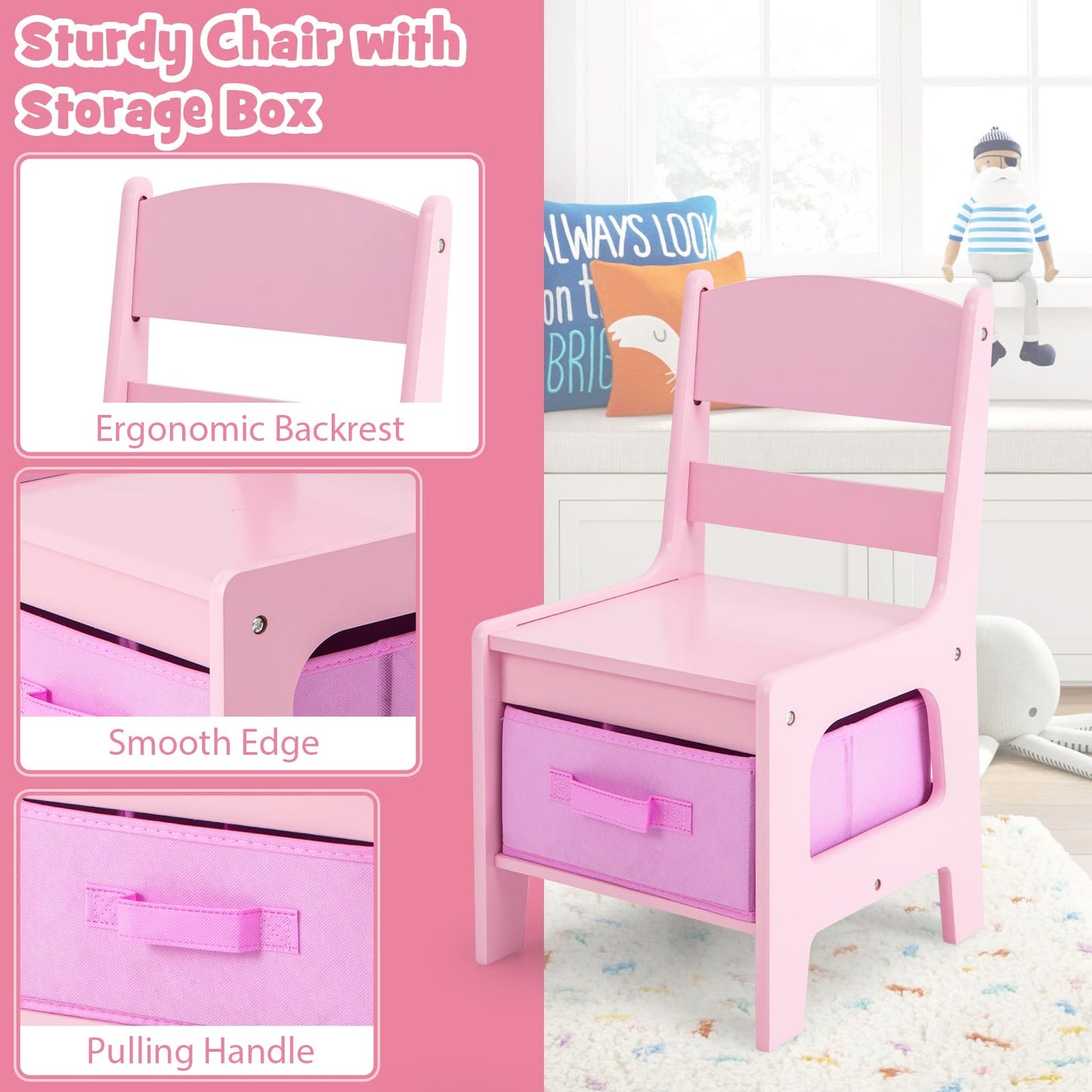 Costzon Kids Table and Chairs, 4 in 1 Wooden Activity Desk Set w/Reversible Tabletop, Bookshelves & Storage Drawers for Drawing, Reading, Crafts, Playing, Toddler Table and Chair Set