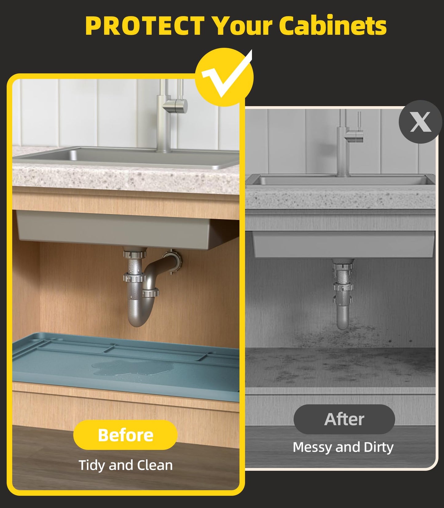 Under Sink Mats for Kitchen Waterproof, 34" X 22" Or Smaller Cut to Fit Under Sink Drip Tray for Kitchen Bathroom Cabinets