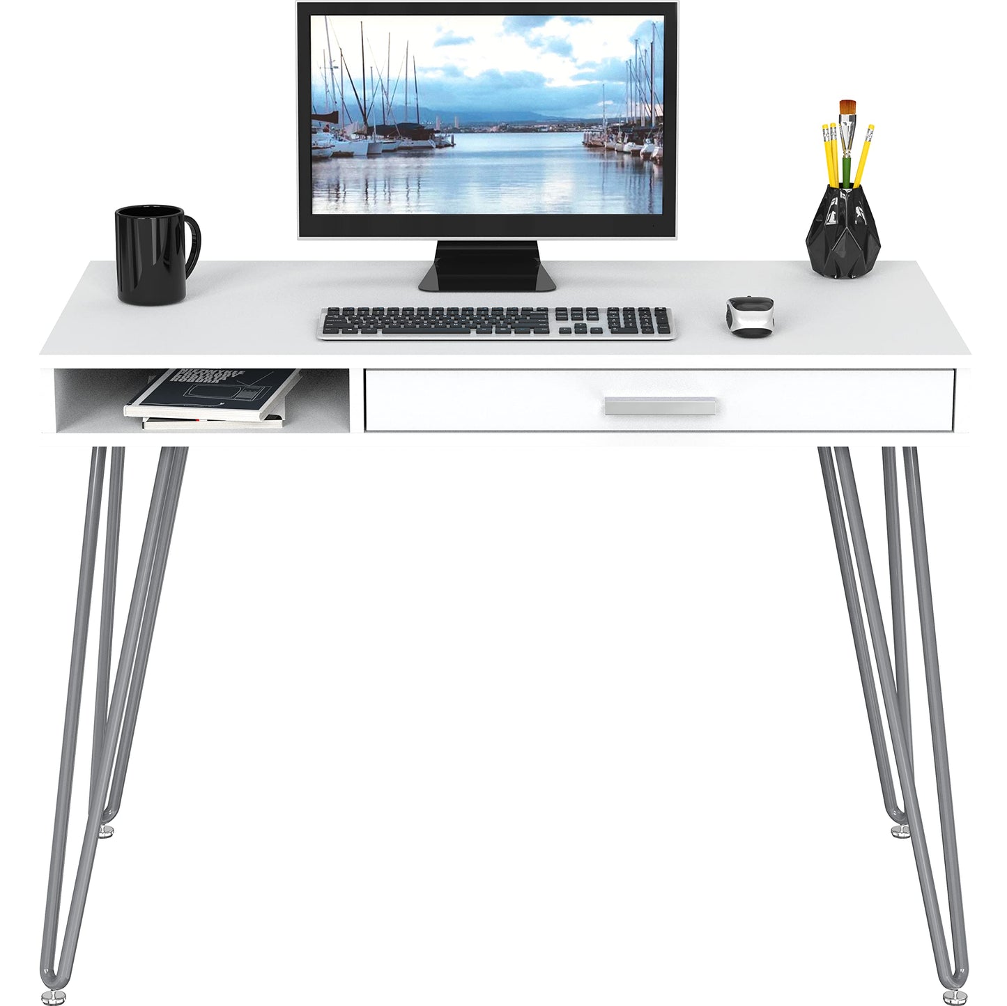 SHW Home Office Computer Hairpin Leg Desk with Drawer, Rustic Brown