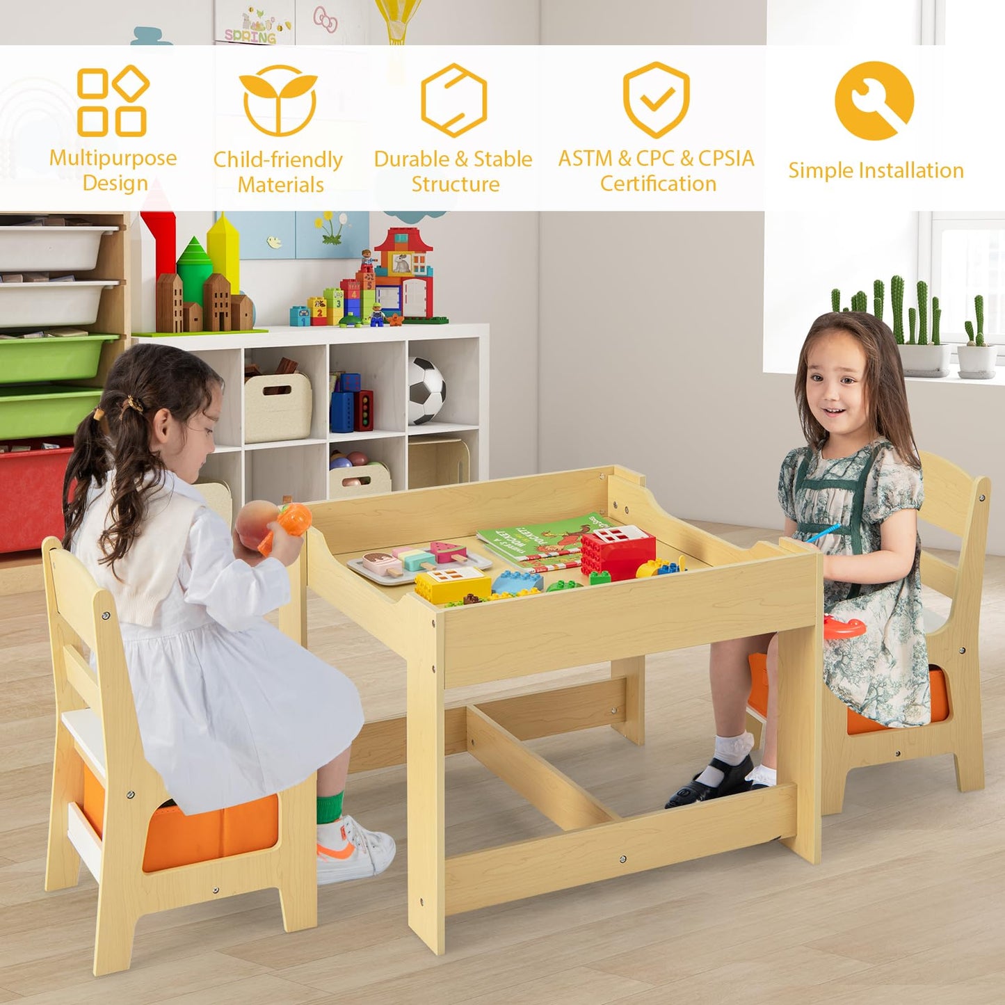Costzon Kids Table and Chairs, 4 in 1 Wooden Activity Desk Set w/Reversible Tabletop, Bookshelves & Storage Drawers for Drawing, Reading, Crafts, Playing, Toddler Table and Chair Set