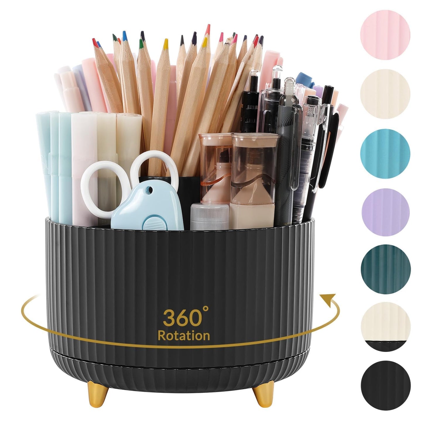SKYDUE 360 Rotating Plastic Desk Pen Organizer with 5 Slots, Dual-Purpose Art Supply Pencil Cup for Office, School, Home