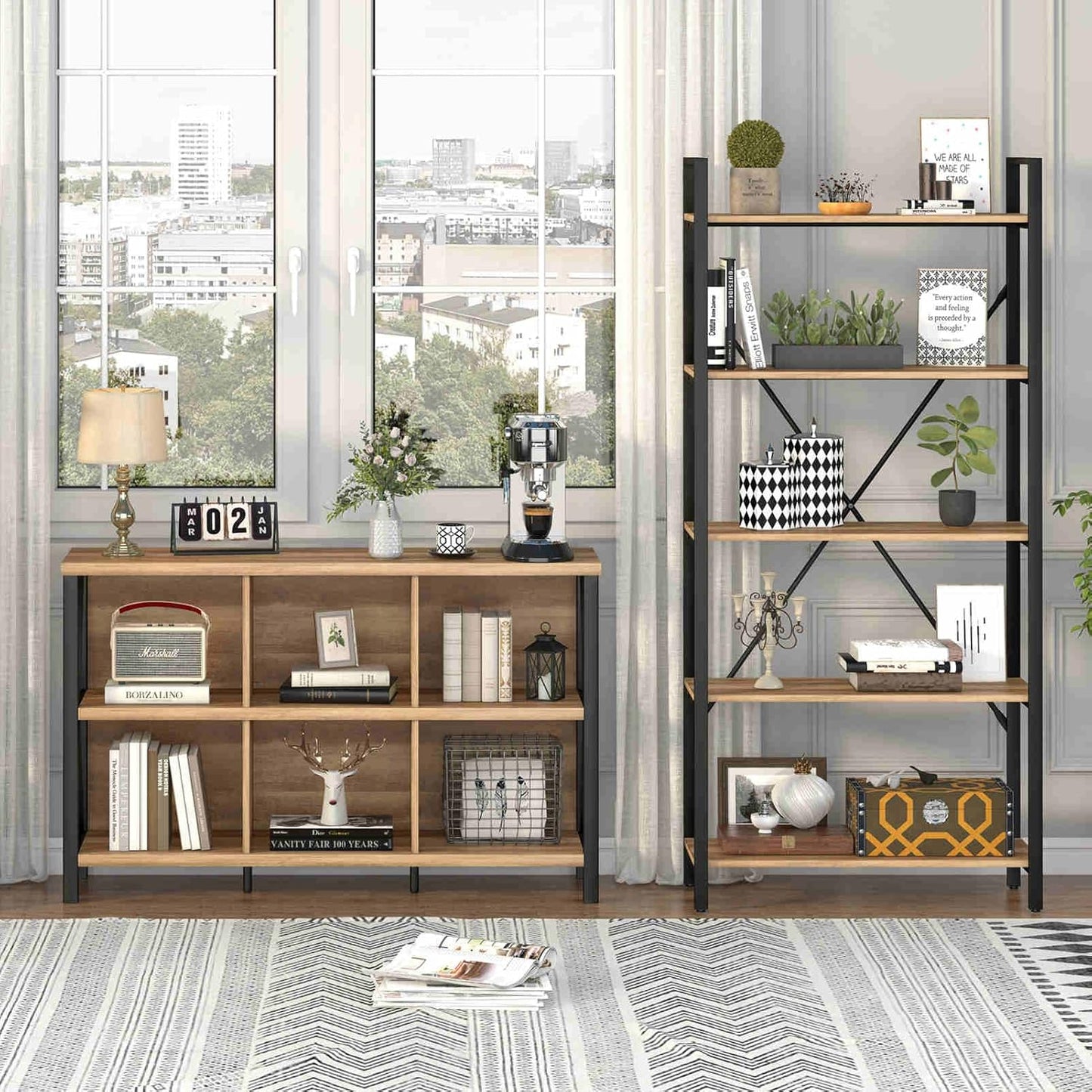 FATORRI 6 Cube Storage Organizer with Shelf, Long Wood and Metal Cubby Bookcase