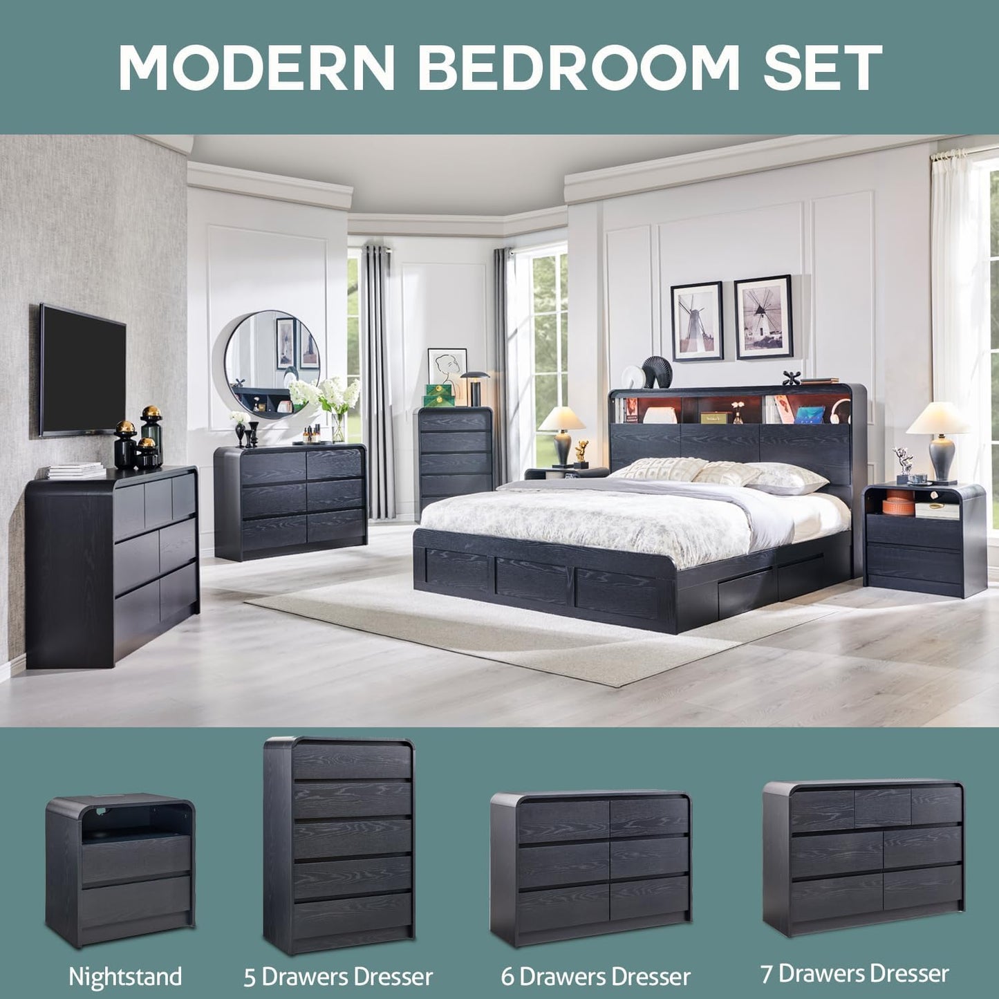 25" Tall Modern Nightstand Set of 2, 23.6'' Wide Wood Bedside Table w/2 Storage Drawers, Charging Station, Mid Century End Table for Bedroom, Living Room,Curved Profile Design, Natural Oak