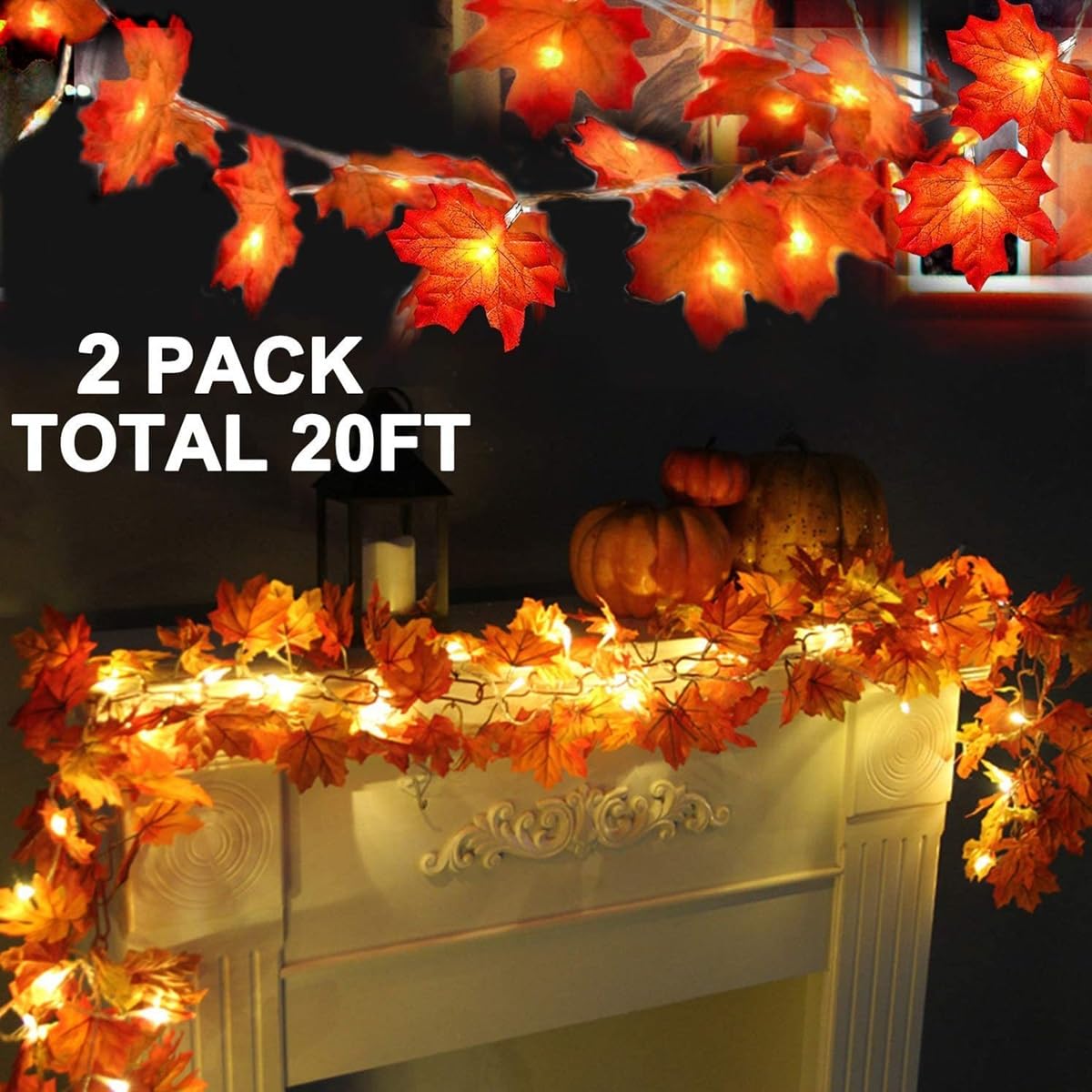TURNMEON 2 Pack Fall Decor Enlarged Maples Leafed Halloween Fall Decorations for Home Fall Lights Thick Leafs Garlands, Total 20Ft 40LED Battery Operated Waterproof Thanksgiving Decor Indoor Outdoor