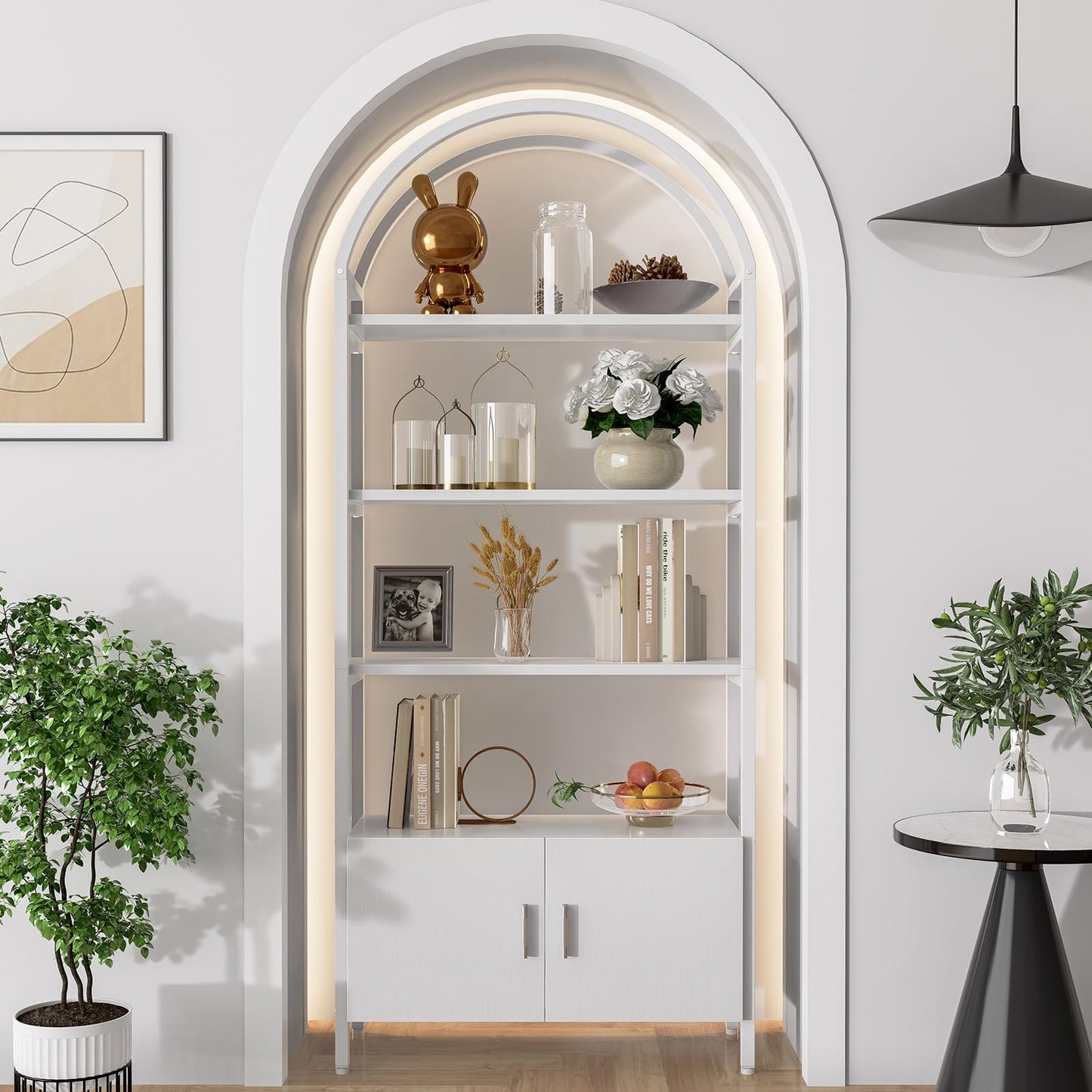 Arched Bookshelf, Bookcase with Doors Storage, 71 Inches Tall Industrial Book Shelf with Sturdy Metal Frame, E1 Quality Boards, Freestanding Display Shelving Unit, Black