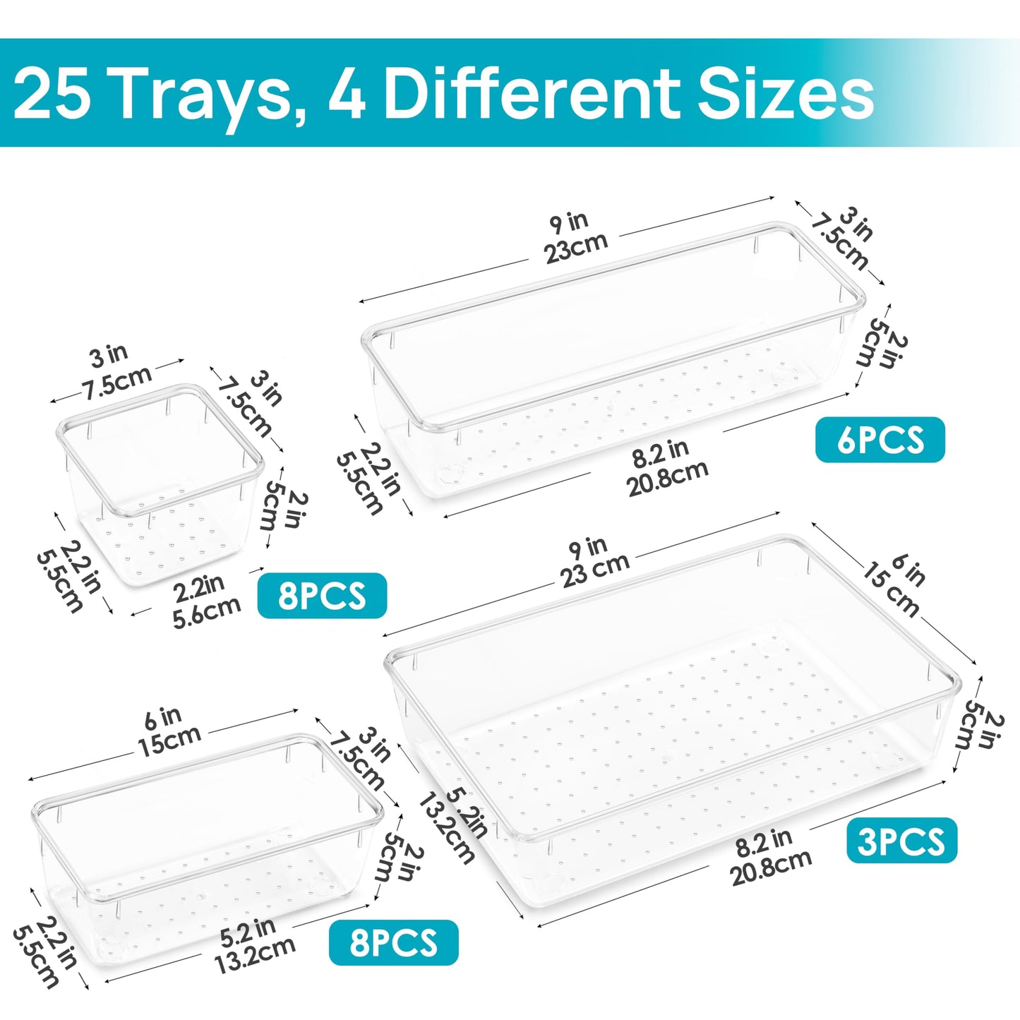 Vtopmart 25 PCS Clear Plastic Drawer Organizers Set, 4-Size Versatile Bathroom and Vanity Drawer Organizer Trays