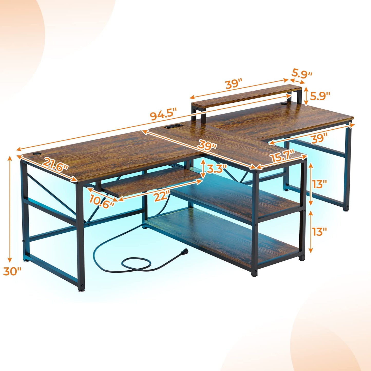 SEDETA 94.5" Home Office Desks, Computer Gaming Desk with Storage, LED Lights, Power Strip with USB, Keyboard Tray & Monitor Stand, Extra Long Double Desk for 2 Person