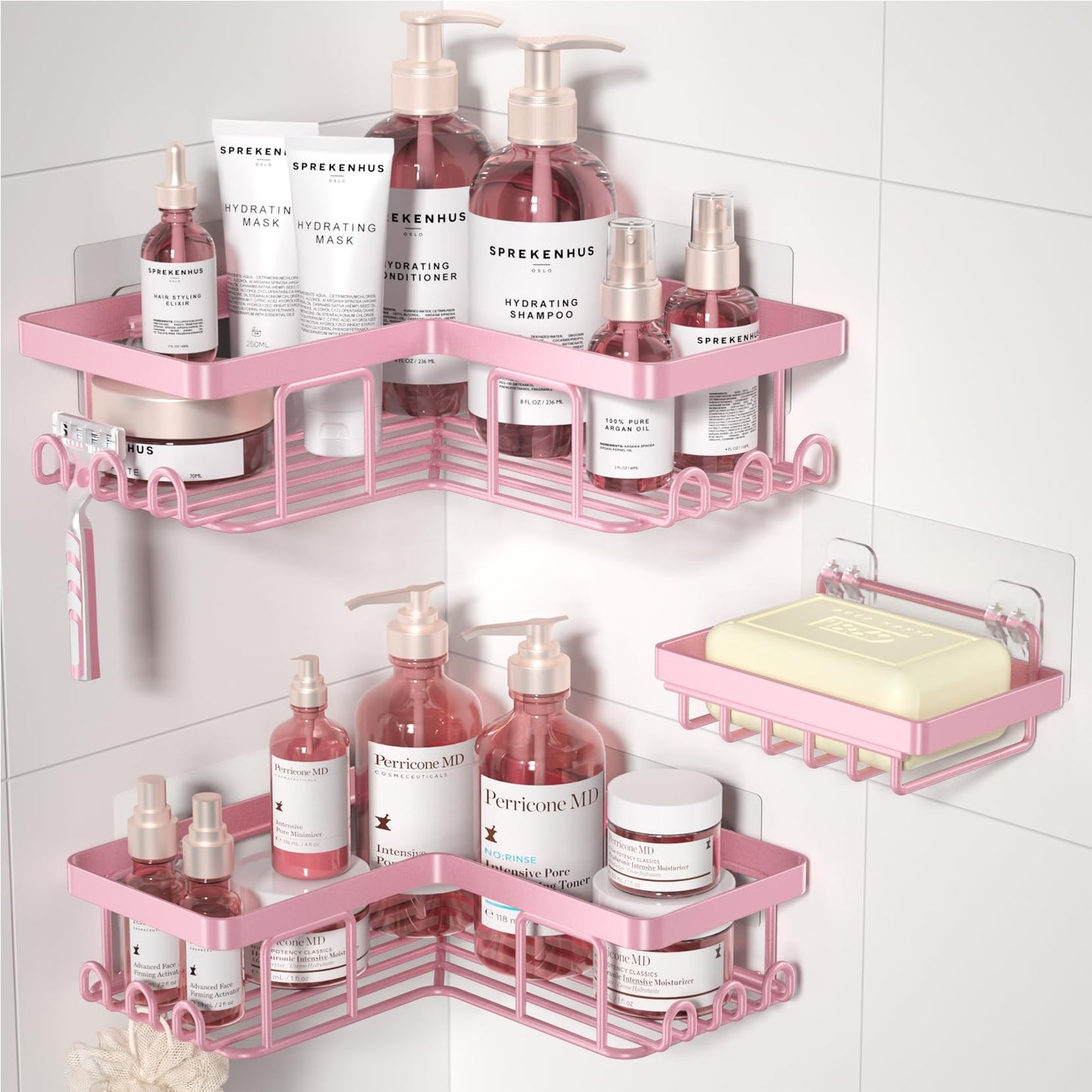 YASONIC Corner Adhesive Shower Caddy, with Soap Holder and 12 Hooks, Rustproof Stainless Steel Bathroom Organizer, No Drilling Wall Mounted Rack, Black, 3-Pack