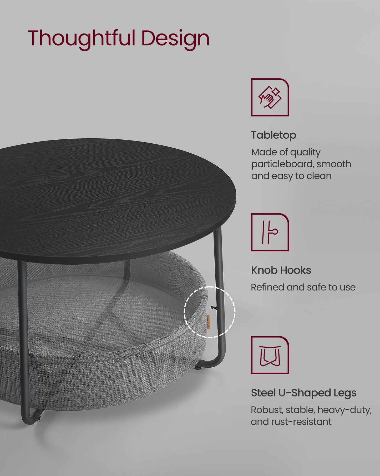VASAGLE Coffee Table with Storage, Round Center Table for Living Room with Fabric Basket, Modern Style, Metal Frame, Ink Black and Slate Gray ULCT244B56