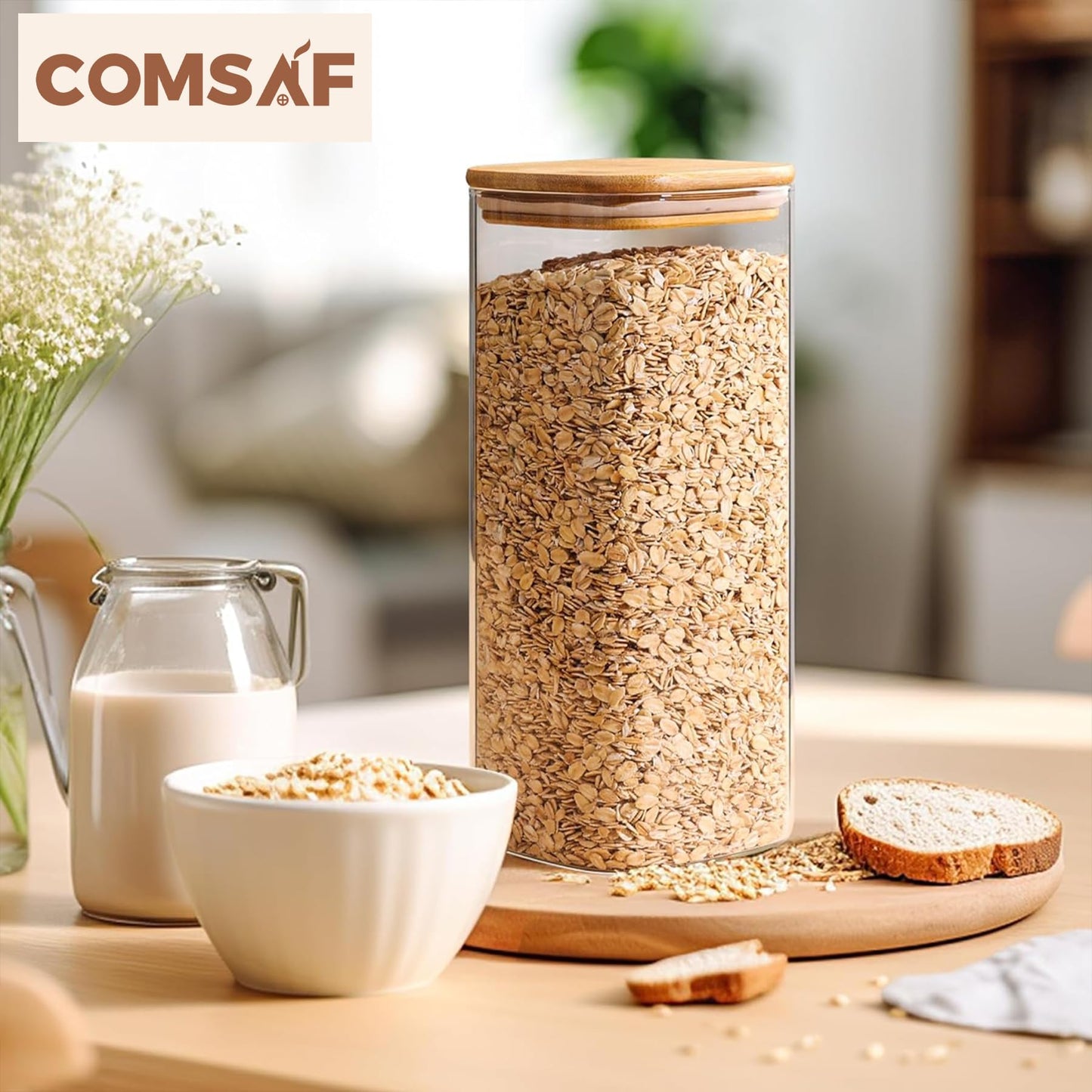 ComSaf Airtight Glass Storage Canister with Lids (24oz/37oz/51oz) Set of 6, Clear Food Storage Container Kitchen Pantry Storage Jar, Glass Jars for Flour Cereal Sugar Tea Coffee Beans Snacks, Square
