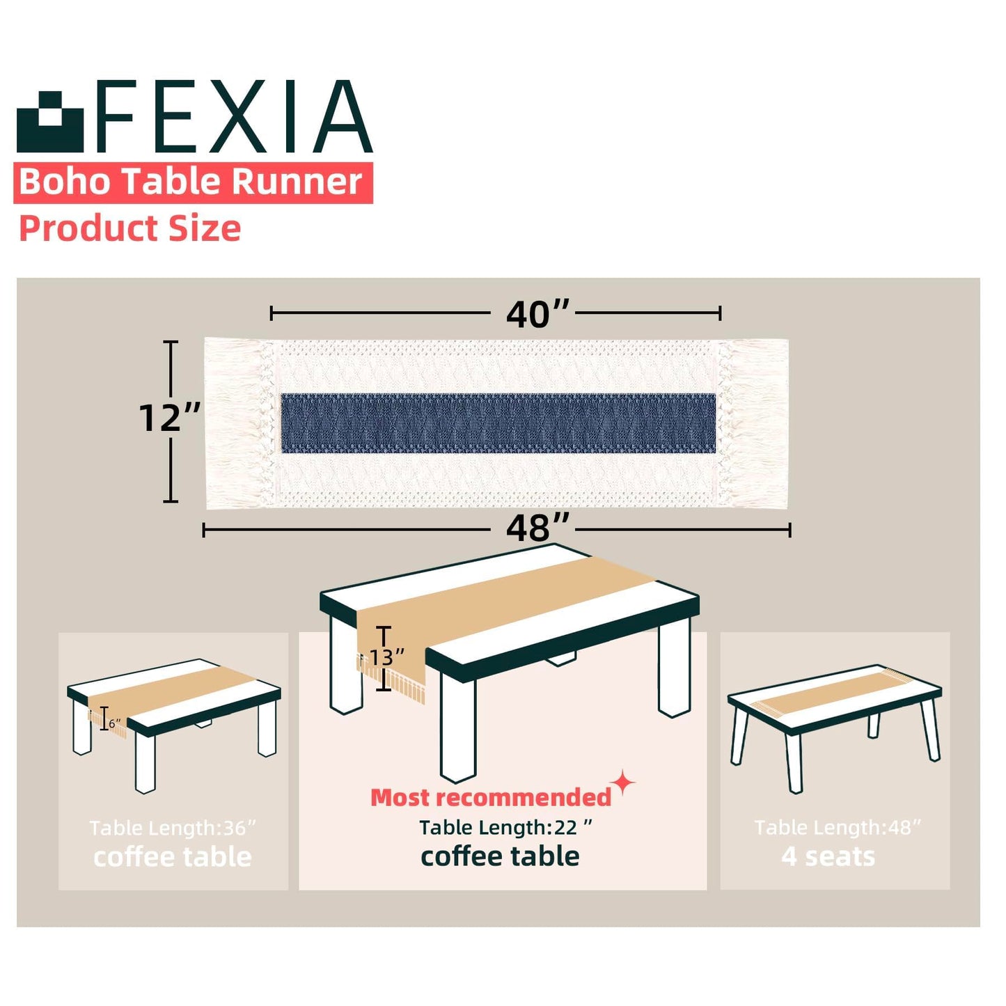 FEXIA Boho Table Runner for Fall Home Decor with Tassels 72 Inches Long Farmhouse Rustic Table Runner (12x72 Inches)