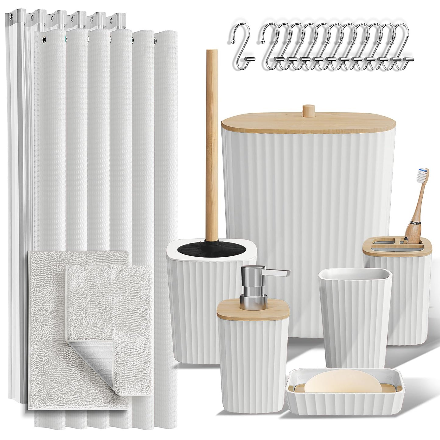 Clara Clark Bathroom Accessories Set - Bathroom Set, 20PC Bathroom Accessory Set, Black Shower Curtain Set, Toilet Brush, Trash Can & Soap Dispenser