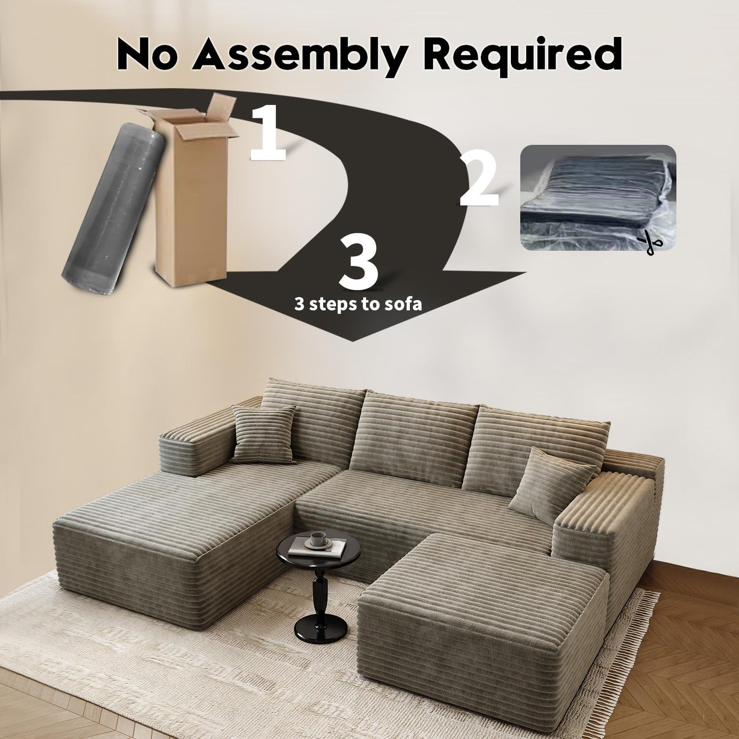 107.5" Cloud Modular Sectional Sofa with 1 Ottoman,Modern Minimalist Upholstered Couches, Comfort U Shaped Sofa for Living Room,Deep Seat Corner Couch,No Assembly Required (Black,Left Facing Chaise)