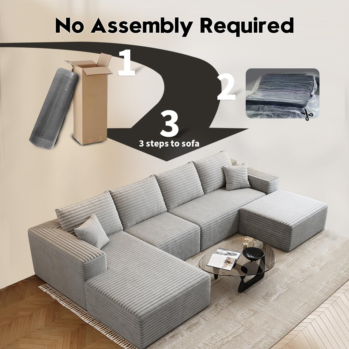 107.5" Cloud Modular Sectional Sofa with 1 Ottoman,Modern Minimalist Upholstered Couches, Comfort U Shaped Sofa for Living Room,Deep Seat Corner Couch,No Assembly Required (Black,Left Facing Chaise)