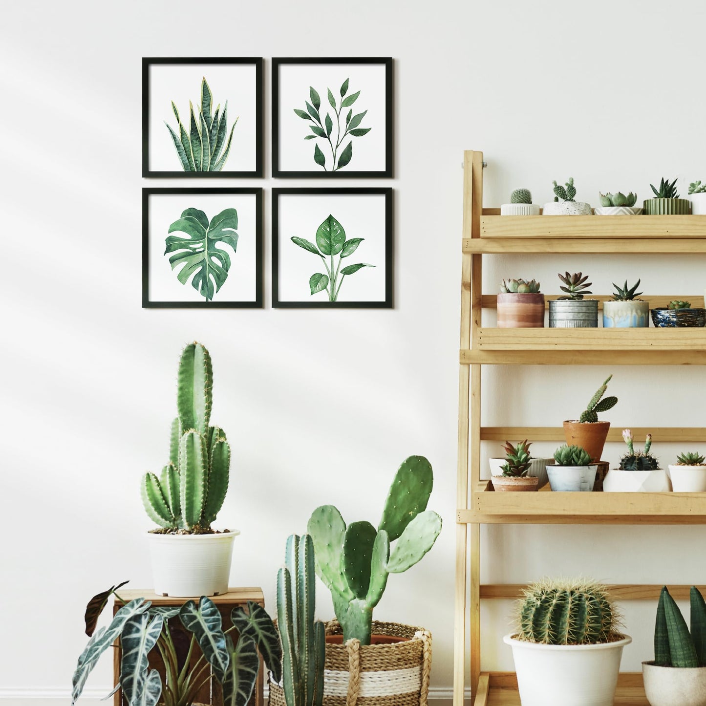 ArtbyHannah Framed Bathroom Wall Decor, 10x10 Inch Botanical Wall Art with Sage Green Plant Print for Wall Decoration, Minimalist Restroom Decor (Walnut)