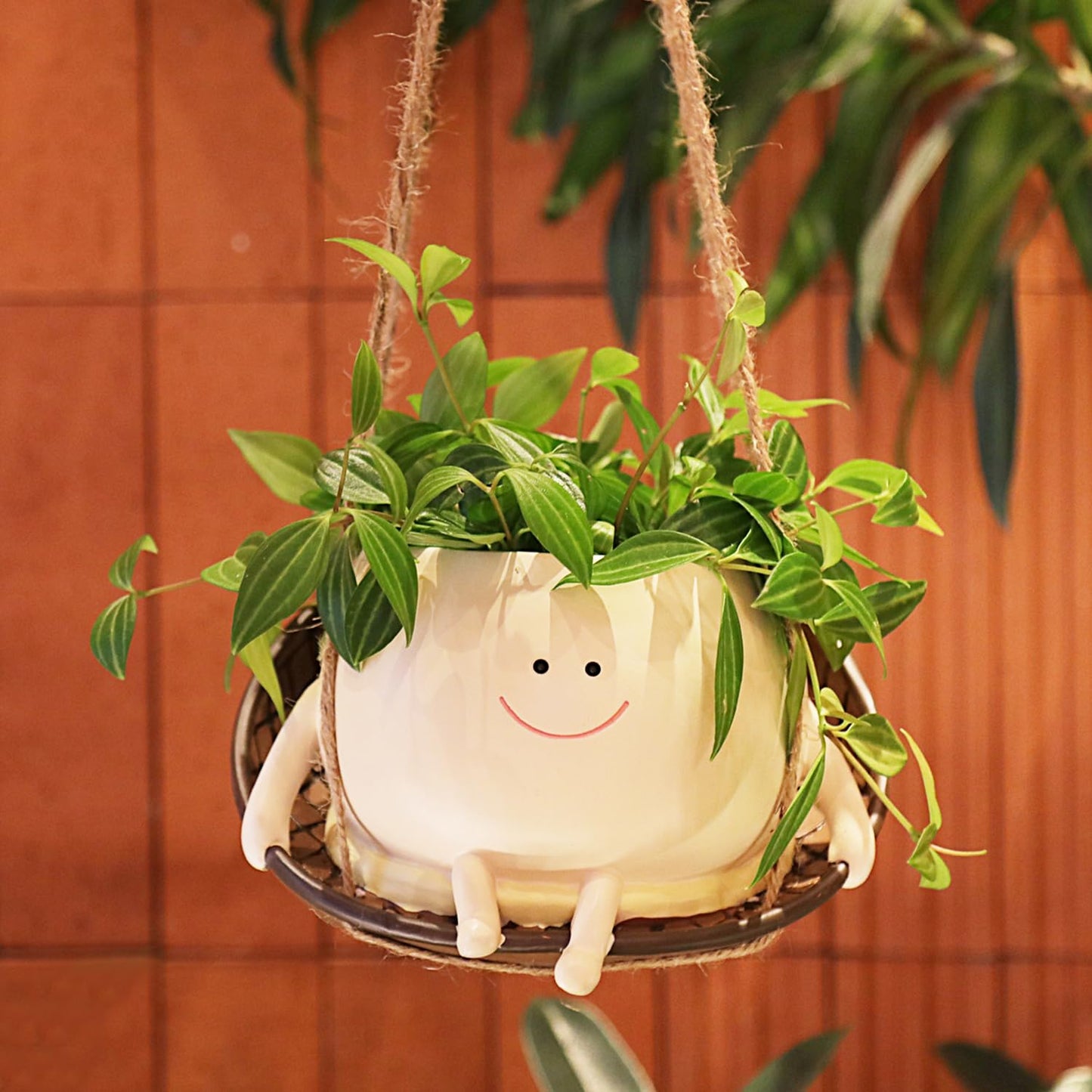 Hanging Swing Chair Planter Pot Smile Face Plant Pot for Indoor Outdoor Plants Cute Head Flower Pots for Succulent String of Pearls Unique Gift on Mother's Day, Birthday, Christmas