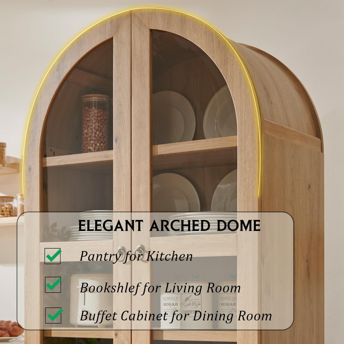 71" Tall Arched Kitchen Pantry, Modern Farmhouse Wood Kitchens Storage Cabinets with 2 Large Drawers and Adjustable Shelves
