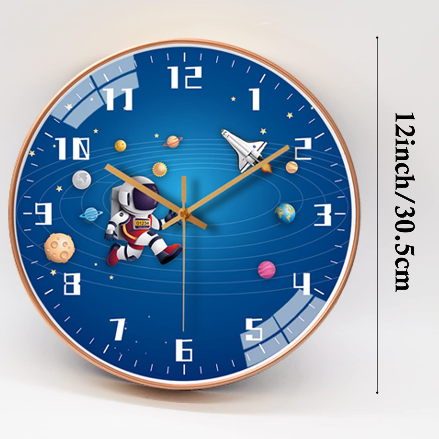 12 Inch Silent Movement Kids Wall Clock, Non Ticking Children Round Wall Clock Battery Operated Space Travel Style Decor Children Clock for School Boys Bedroom Living Room Space Decor (Blue)