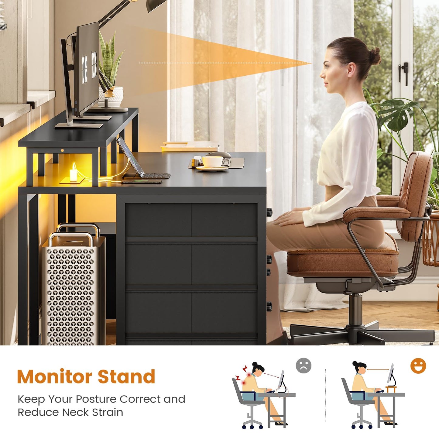 SEDETA Home Office Desk with File Drawer & Power Outlet, 66'' Computer Desk with 5 Drawer, Storage Shelves, Printer Cabinet and Monitor Shelf, Gaming Desk with Led Lights, Rustic Brown