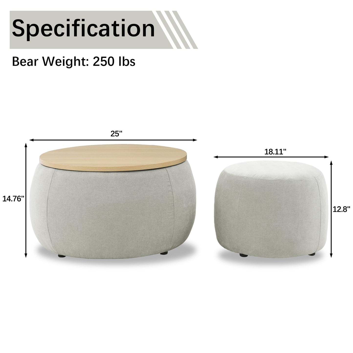 2-Piece Set Round Chenille Storage Ottoman, Equipped with a Drum Shaped Small Stool, Storage Space
