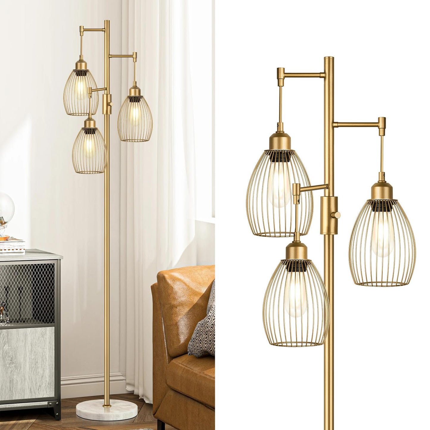 Dimmable Industrial Floor Lamps for Living Room, Gold Tree Standing Tall Lamps with 3 Elegant Teardrop Cage Head & 800 Lumens LED Bulbs