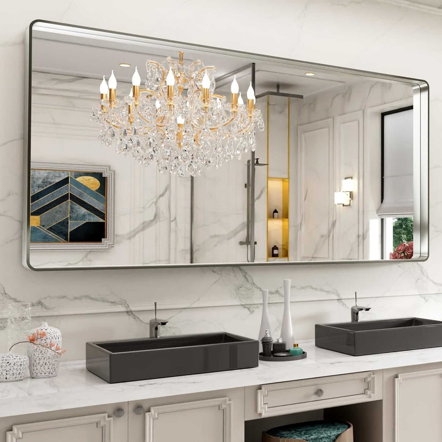 LOAAO Black Metal Framed Bathroom Mirror for Wall, 24X36 Inch Rounded Rectangle Mirror, Matte Black Bathroom Vanity Mirror Farmhouse, Anti-Rust, Hangs Horizontally or Vertically