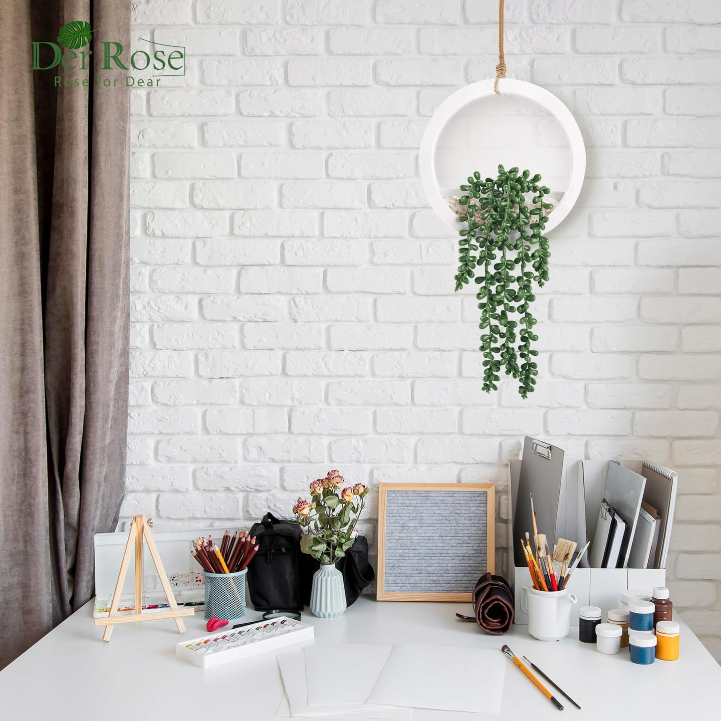 Der Rose 2 Pack Fake Plants Hanging Artificial Succulents Plants in Black Pots