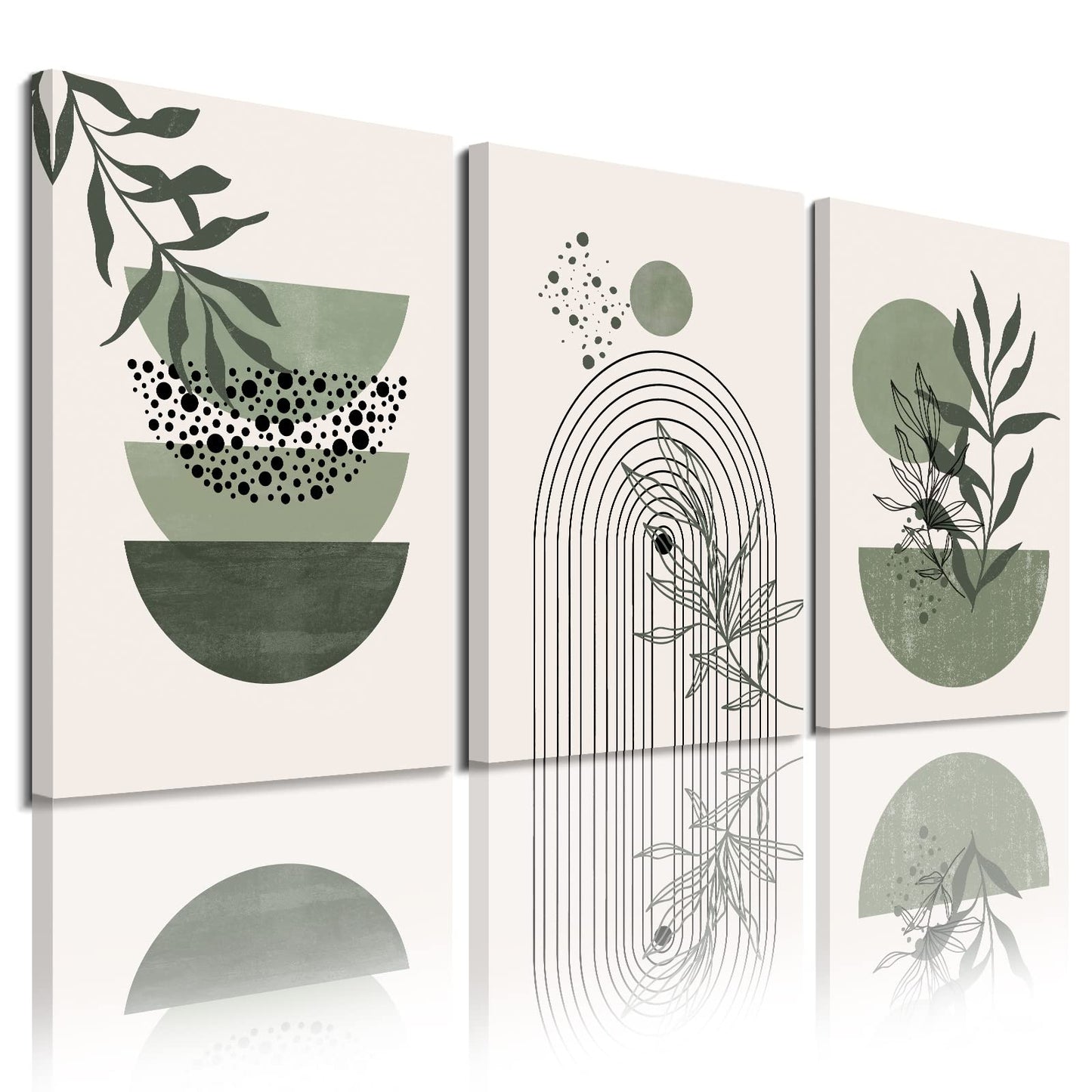 Sage Green Wall Posters & Prints, Green Boho Wall Art Set of 3, Minimalist Framed Wall Art Geometric Line Leaf Sun Moon Beige Green