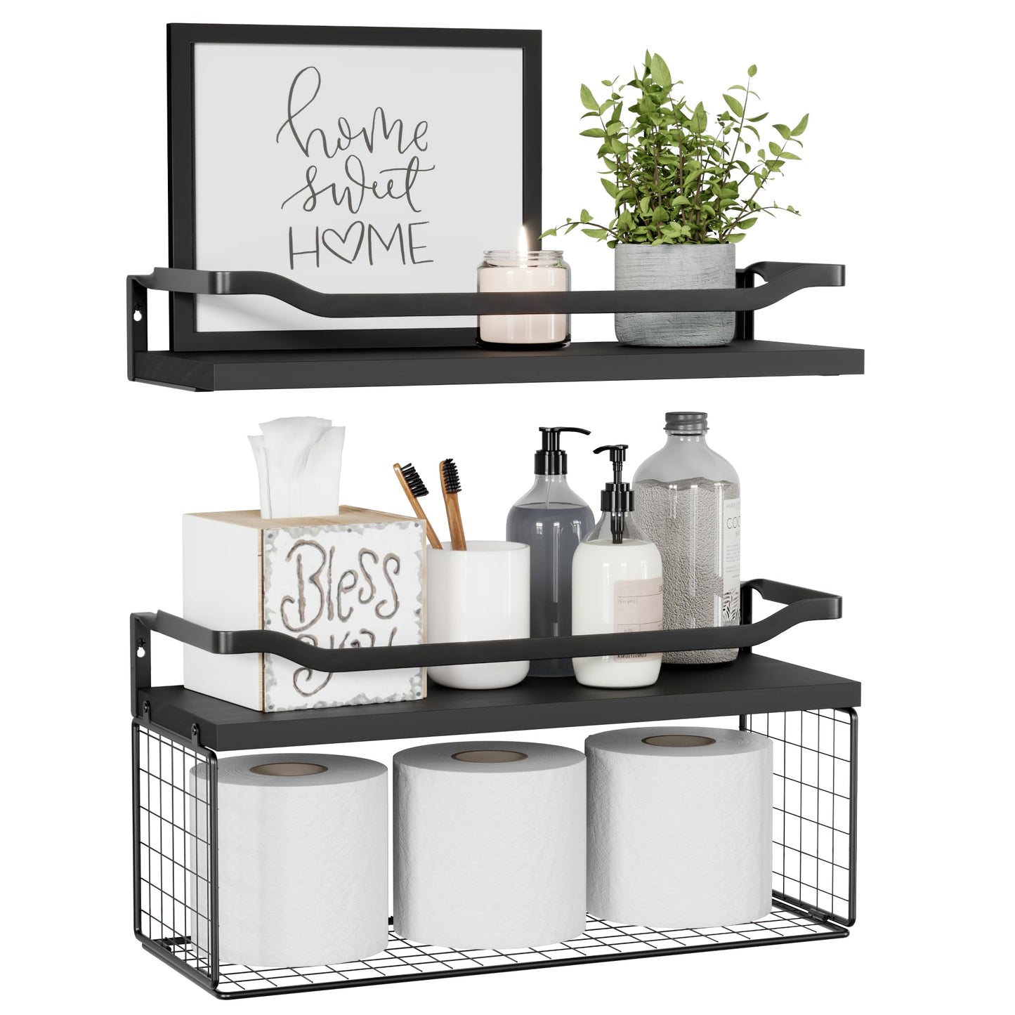 Floating Shelves with Wire Storage Basket, Bathroom Shelves Over Toilet with Protective Metal Guardrail, Wood Wall Shelves for Bathroom, Bedroom, Living Room, Toilet Paper-Black