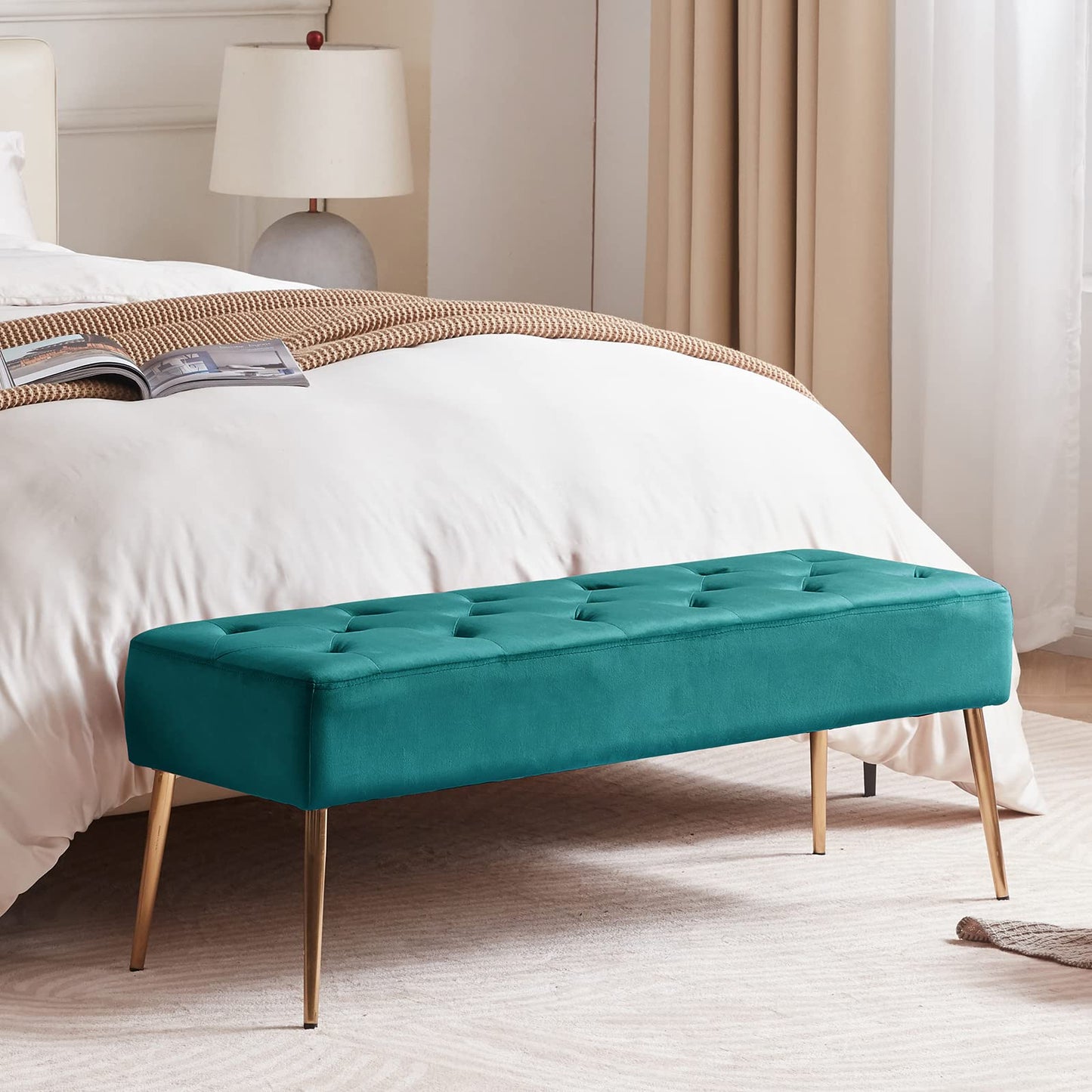 DUHOME Button-Tufted Ottoman Bench, Upholstered Bedroom Benches Leather Footrest Stool Accent Bench for Entryway Dining Room Living Room Bedroom End of Bed, Yellowish Brown