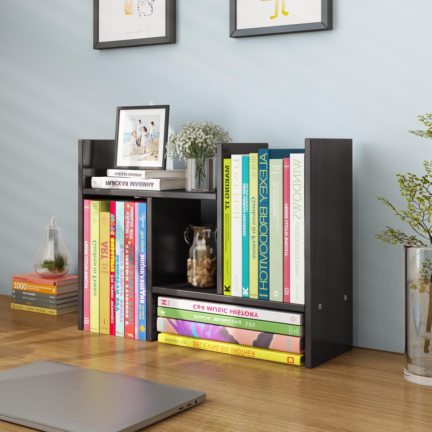 YSJILIDE Wood Adjustable Small Desktop Bookshelf, Expandable Storage Organizer