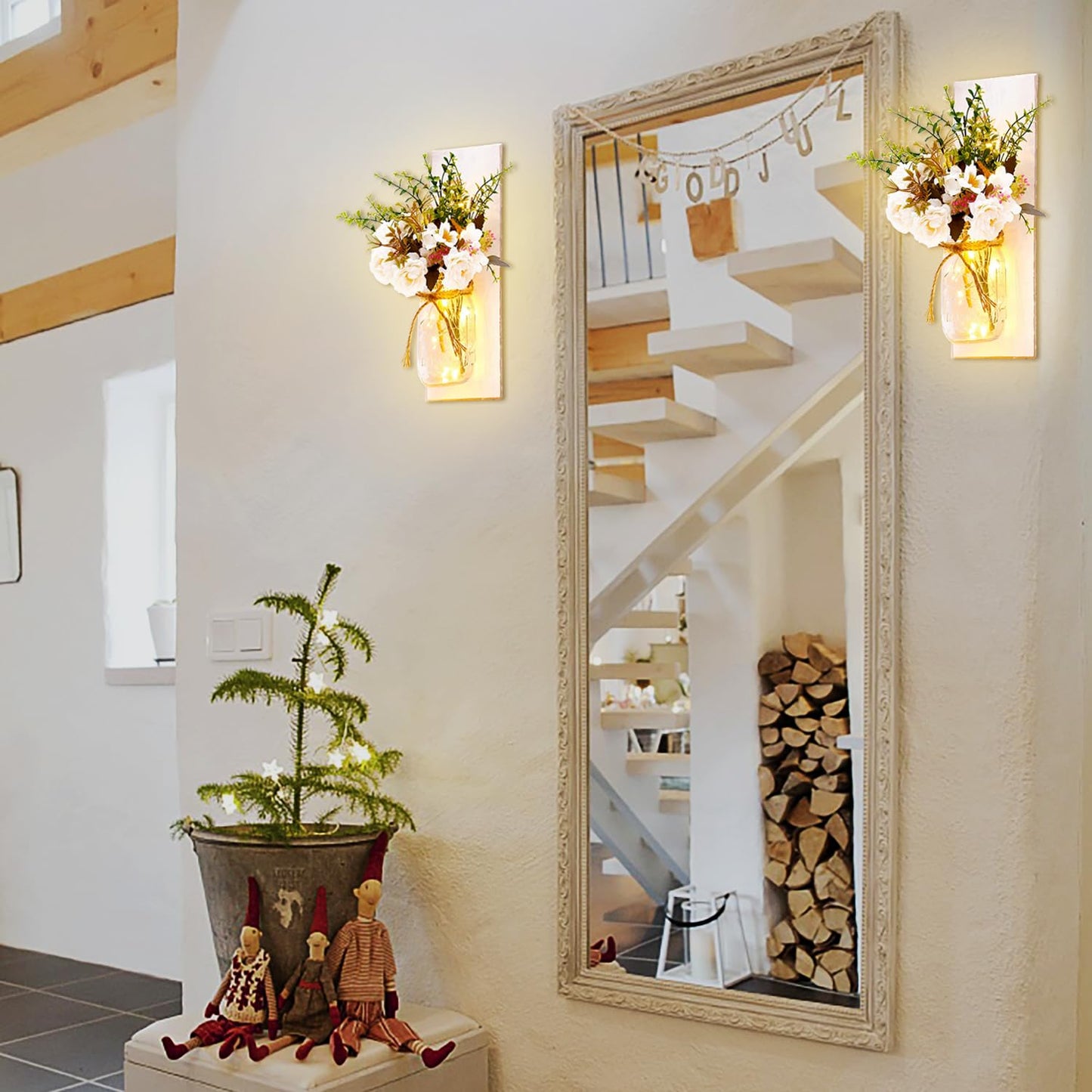 Rustic Wall Sconces Mason Jar Sconces Handmade Wall Art Hanging Design with Remote Control LED Fairy Lights and White Peony,Christmas Decor Gift Farmhouse Wall Home Decor Living Room Lights Set of Two