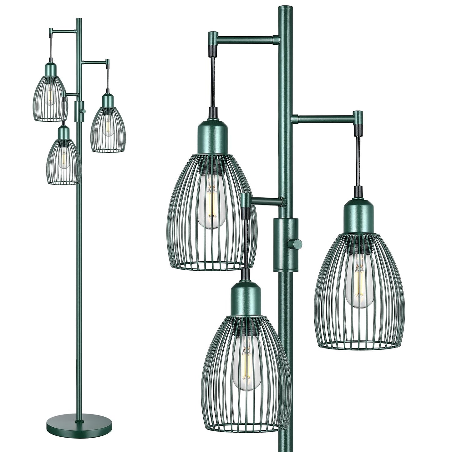 Dimmable Industrial Floor Lamps for Living Room, Gold Tree Standing Tall Lamps with 3 Elegant Teardrop Cage Head & 800 Lumens LED Bulbs