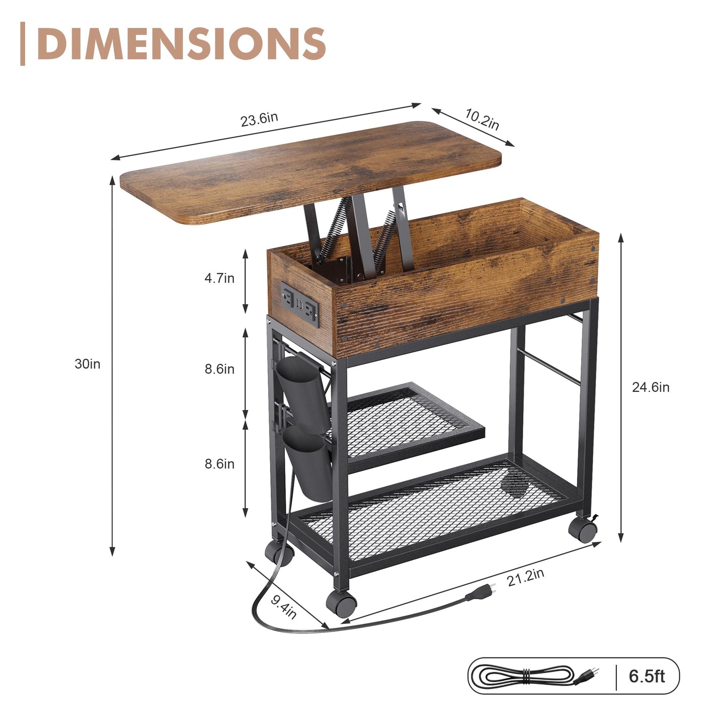 Colima Lift Top End Table with Charging Station and Wheels, Sofa Side Table with USB port