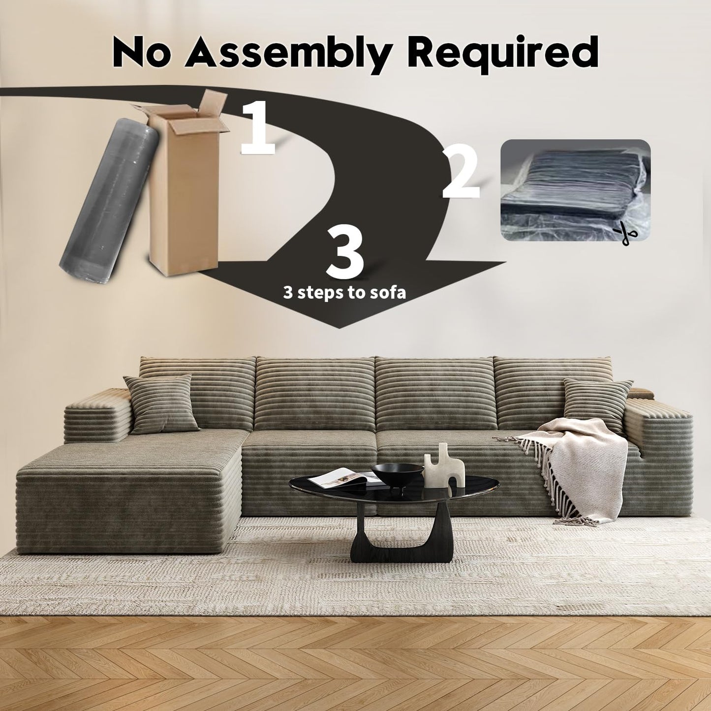 107.5" Cloud Modular Sectional Sofa with 1 Ottoman,Modern Minimalist Upholstered Couches, Comfort U Shaped Sofa for Living Room,Deep Seat Corner Couch,No Assembly Required (Black,Left Facing Chaise)