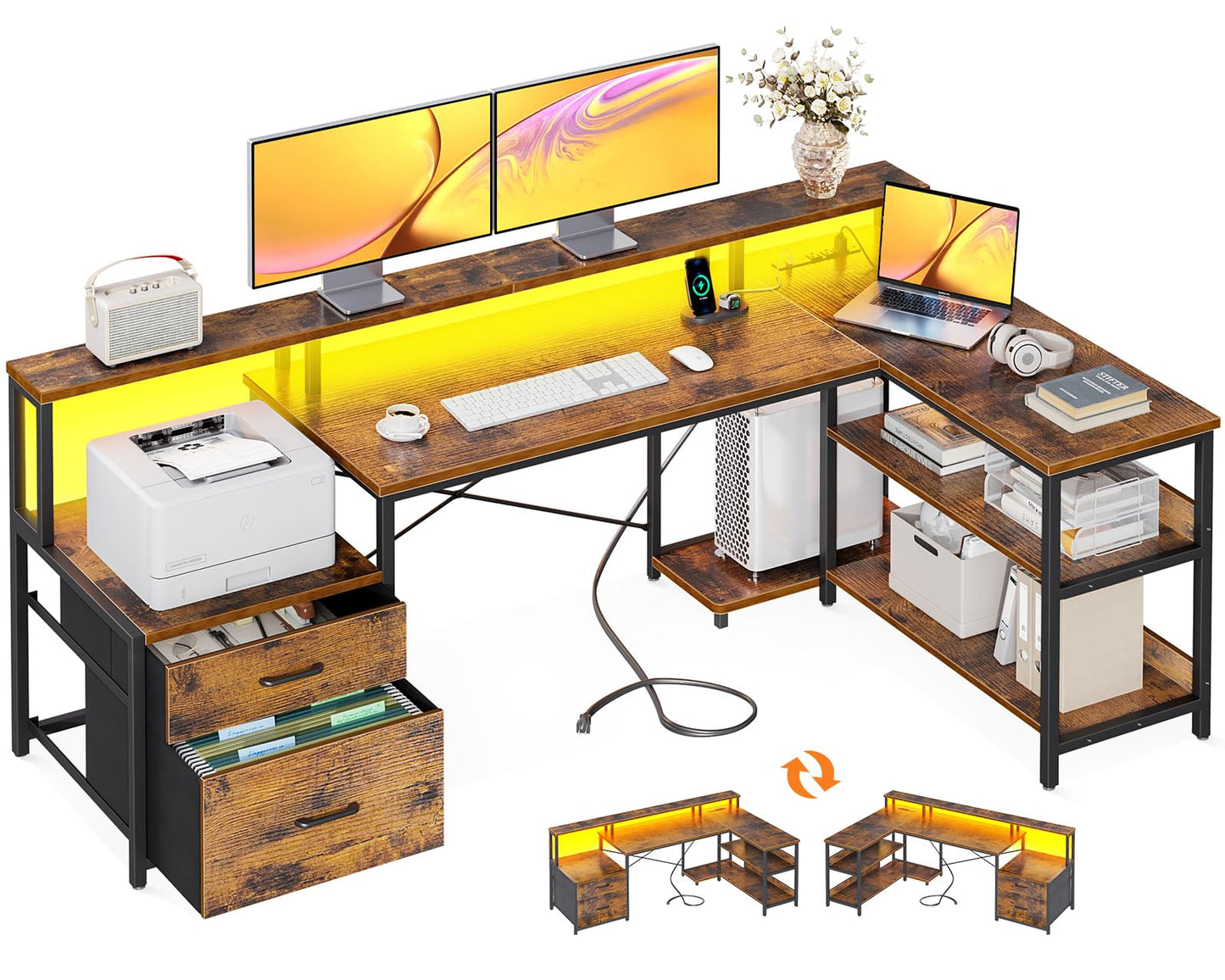 ODK L Shaped Desk with File Drawer, 75" Reversible L Shaped Computer Desk with Power Outlet & LED Strip, Office Desk with Storage Shelves, Gaming Desks with Monitor Shelf, Corner Table, Grey Oak