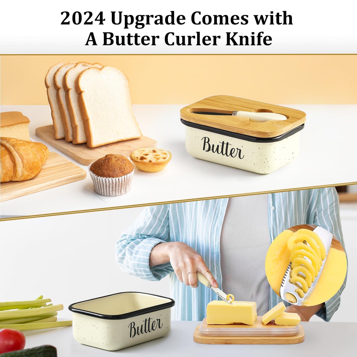 Butter Dish with Lid and Butter Curler Knife - Unbreakable Stainless Steel Keeper Container with Double Silicone Sealing, for Kitchen Farmhouse Decor