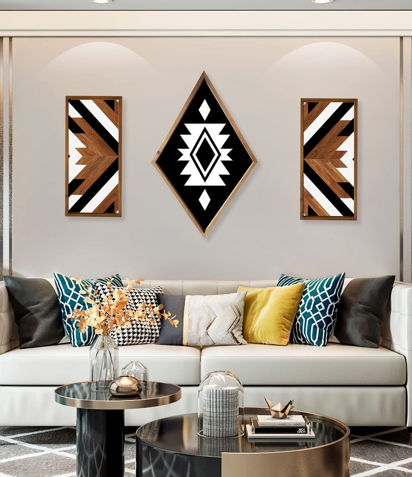 2 Pcs Western Aztec Wall Decor With Wood Framed, 20.9x9.8 Inch Wooden Southwestern Boho Wall Art, Native American Living Room Bedroom Guest Bathroom Rustic Decorations for Home
