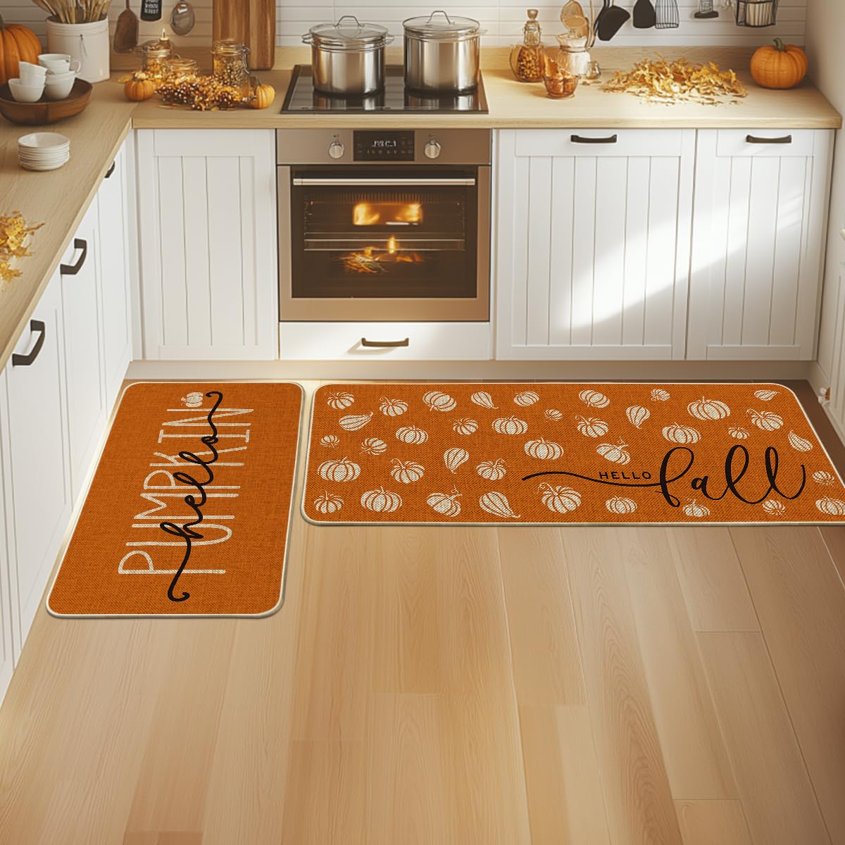 Artoid Mode Orange Hello Pumpkin Fall Kitchen Mats Set of 2, Autumn Home Decor Low-Profile Kitchen Rugs for Floor - 17x29 and 17x47 Inch