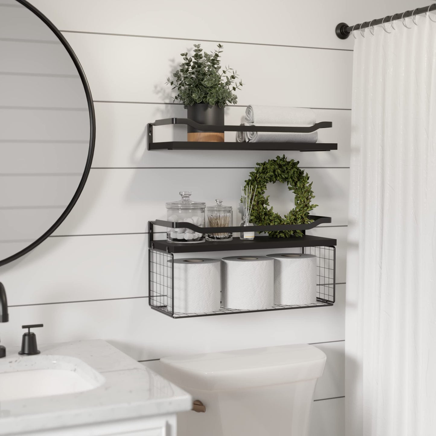 Floating Shelves with Wire Storage Basket, Bathroom Shelves Over Toilet with Protective Metal Guardrail, Wood Wall Shelves for Bathroom, Bedroom, Living Room, Toilet Paper-Black