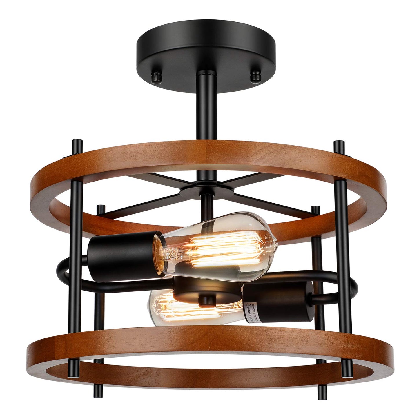 Lakumu 2-Light Retro Semi Flush Mount Ceiling Light Fixture, Rustic Vintage Wood Ceiling Light Black Metal, Industrial Farmhouse Ceiling Lamp