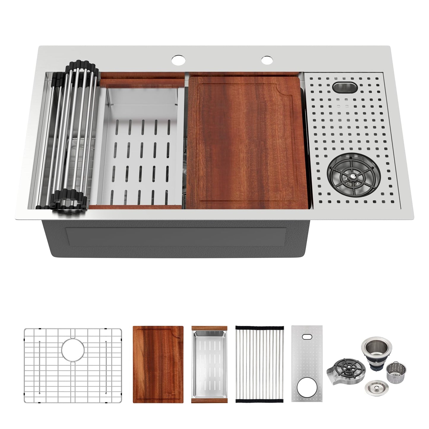 Logmey 33x22 Drop In Kitchen Sink Workstation Black Kitchen Sink SUS304 16 Gauge Stainless Steel Single Bowl Top Mount Gunmetal Black Stainless Steel Sinks